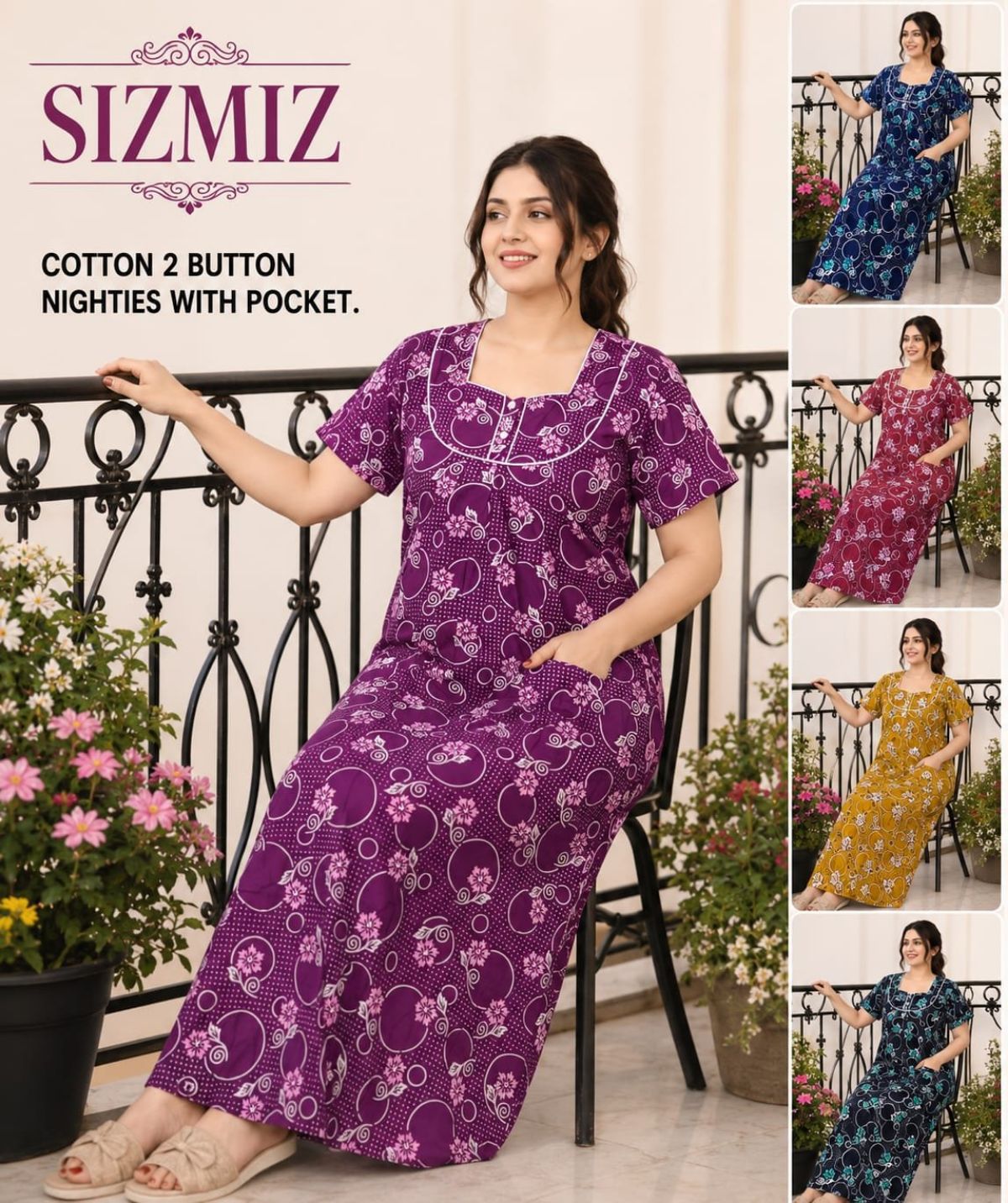 Women Pure Cotton Night Gown With Two Button -Sadhna