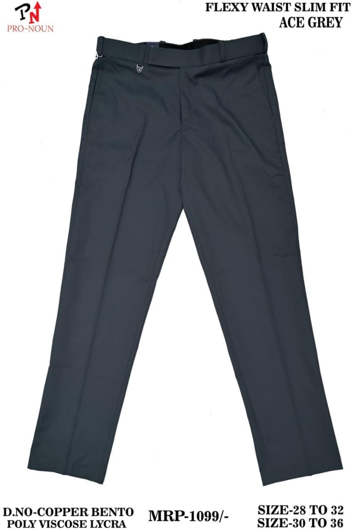 Pro-Noun Men's  Formal Trouser Pants With Adjustable belt D No- Copper Bento-(30-36)- Ace Grey