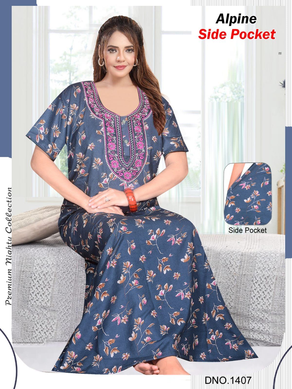 Women's Alpine Premium Nighties 2 Button with Long Fancy Embroidery