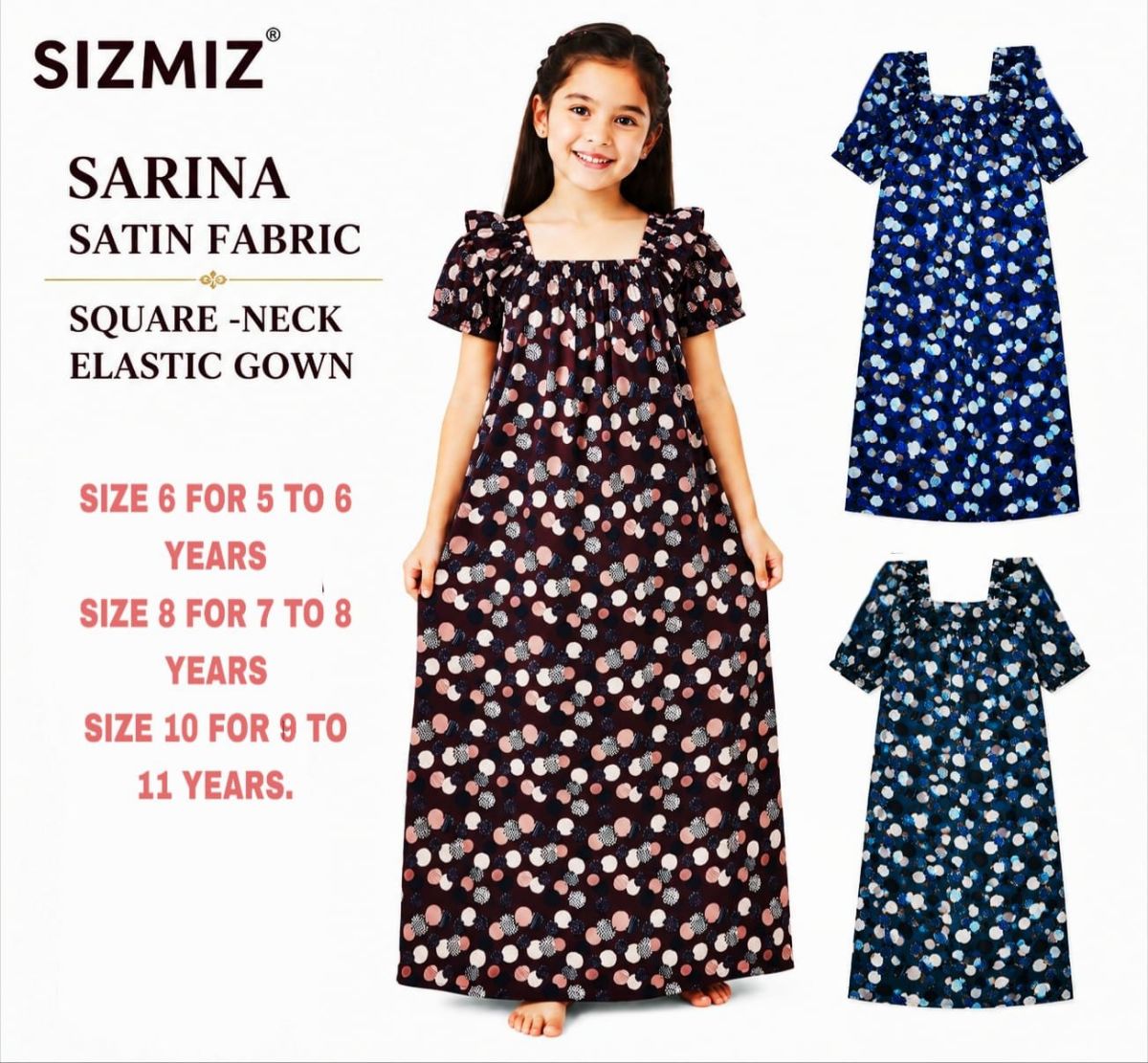 Sarina Satin Fabric Square Neck Night Gown For Kids-(10)