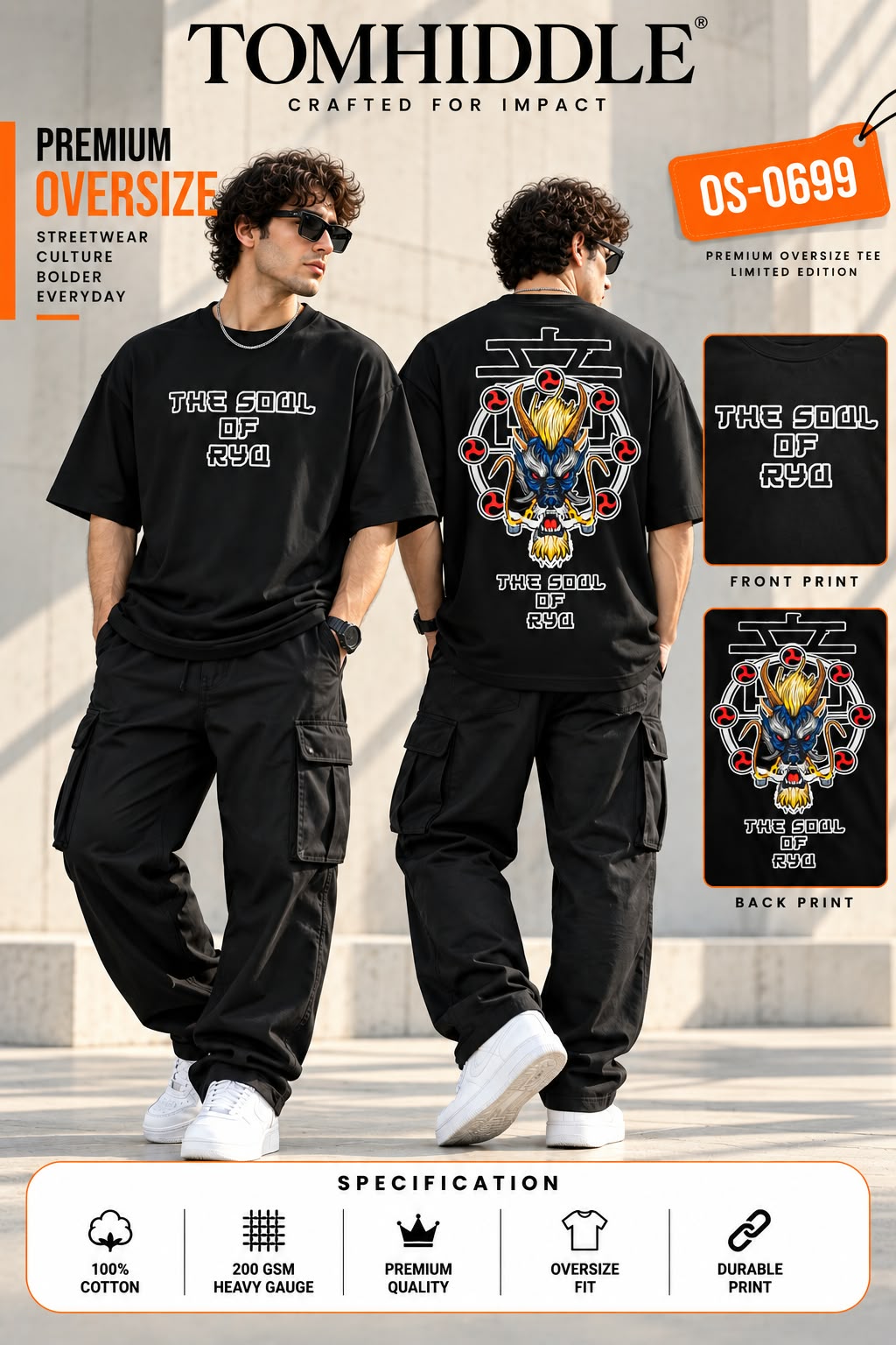 TOMHIDDLE MENS OVERSIZE ANIME PRINTED DOWN SHOULDER TSHIRT- A4-OS-0699