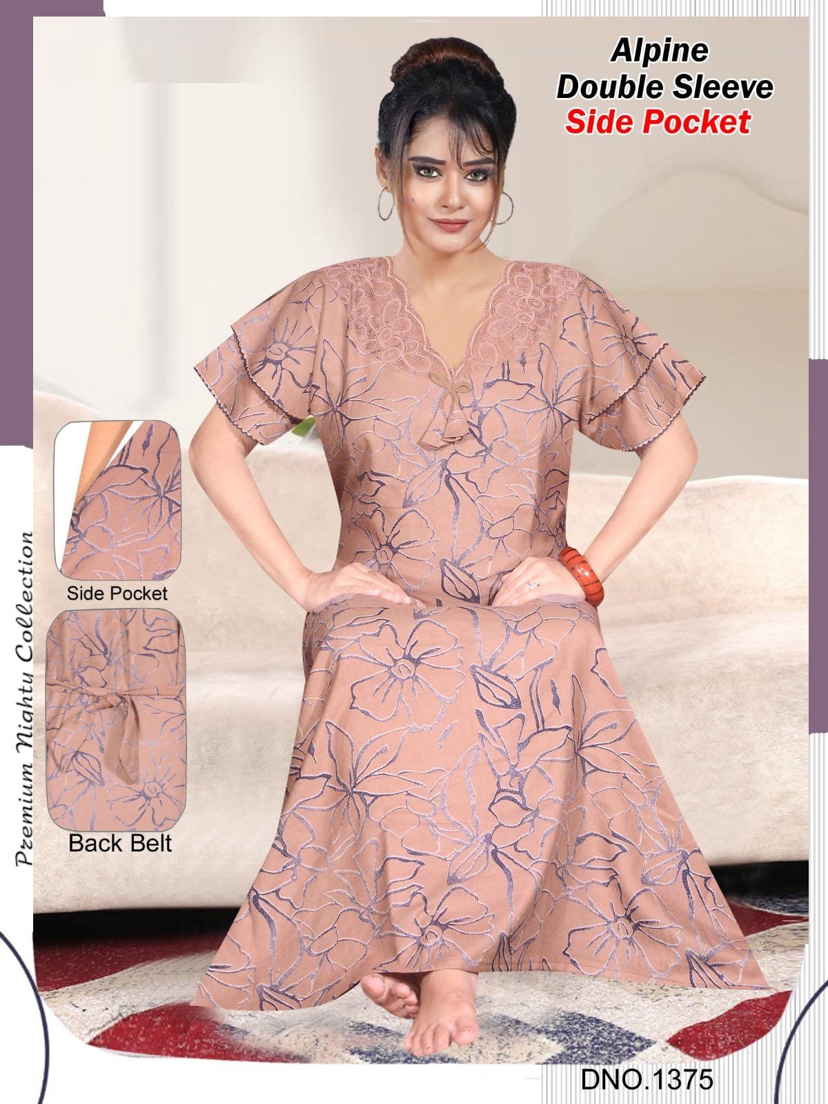 Women Alpine Premium Nighties Fancy Pattern Double Sleeve