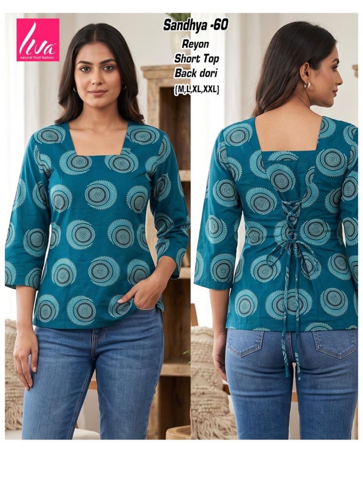 Women Heavy Rayon Short Kurta Top with Black Dori - Sandhya -60