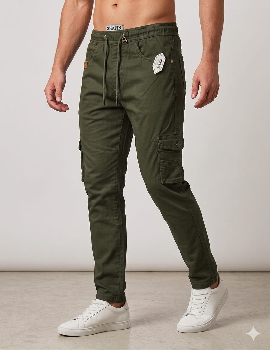 Shafin Men's Without Elastic Cotton Cargo Pants-Olive Green