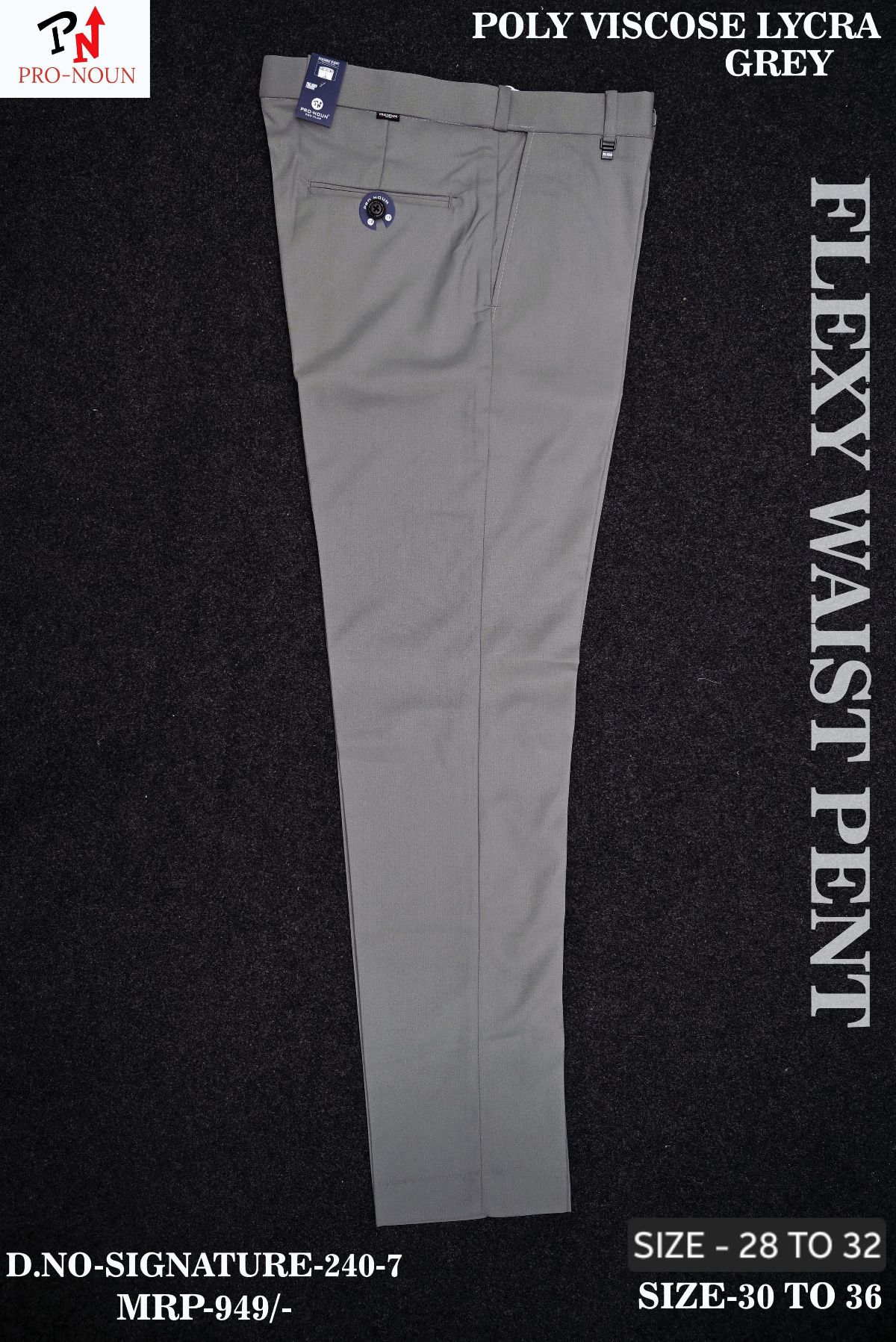 Pro-Noun Men's  Formal Trouser Pants With Adjustable belt D No- Signature 240-7(28-32)- Grey