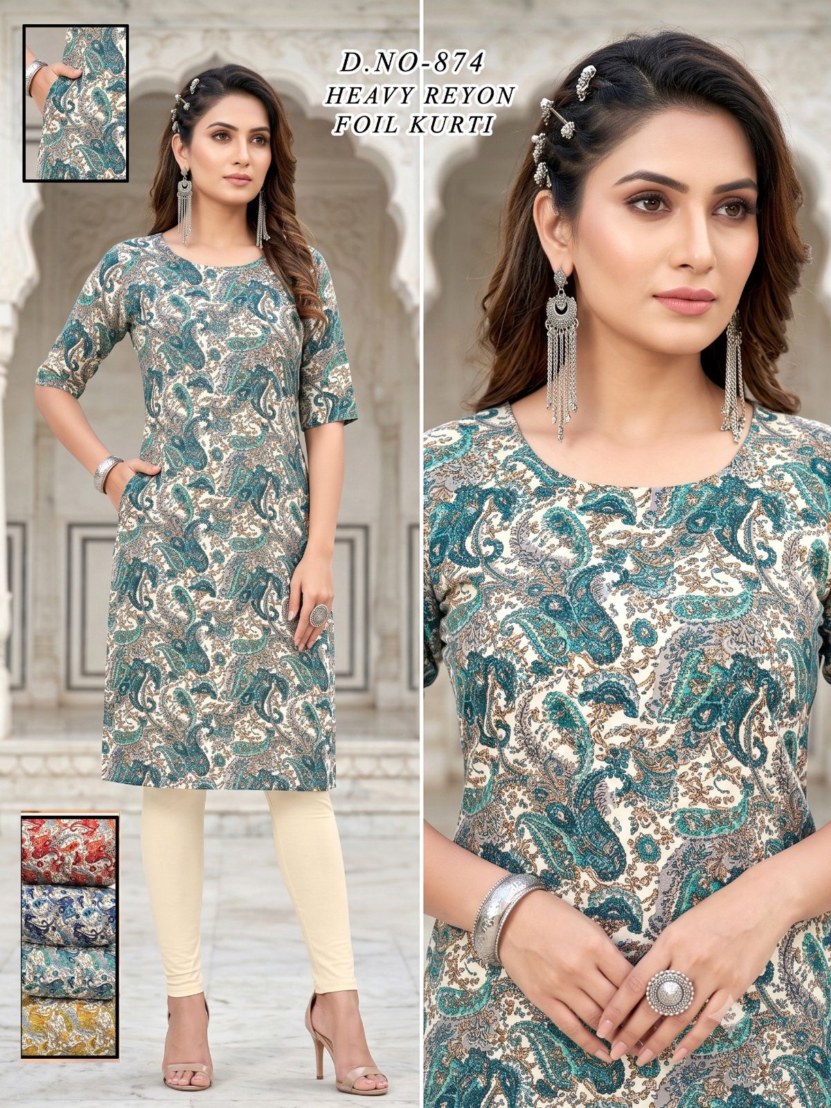 Women's Heavy Rayon Foil Kurti With Mobile Pocket -874