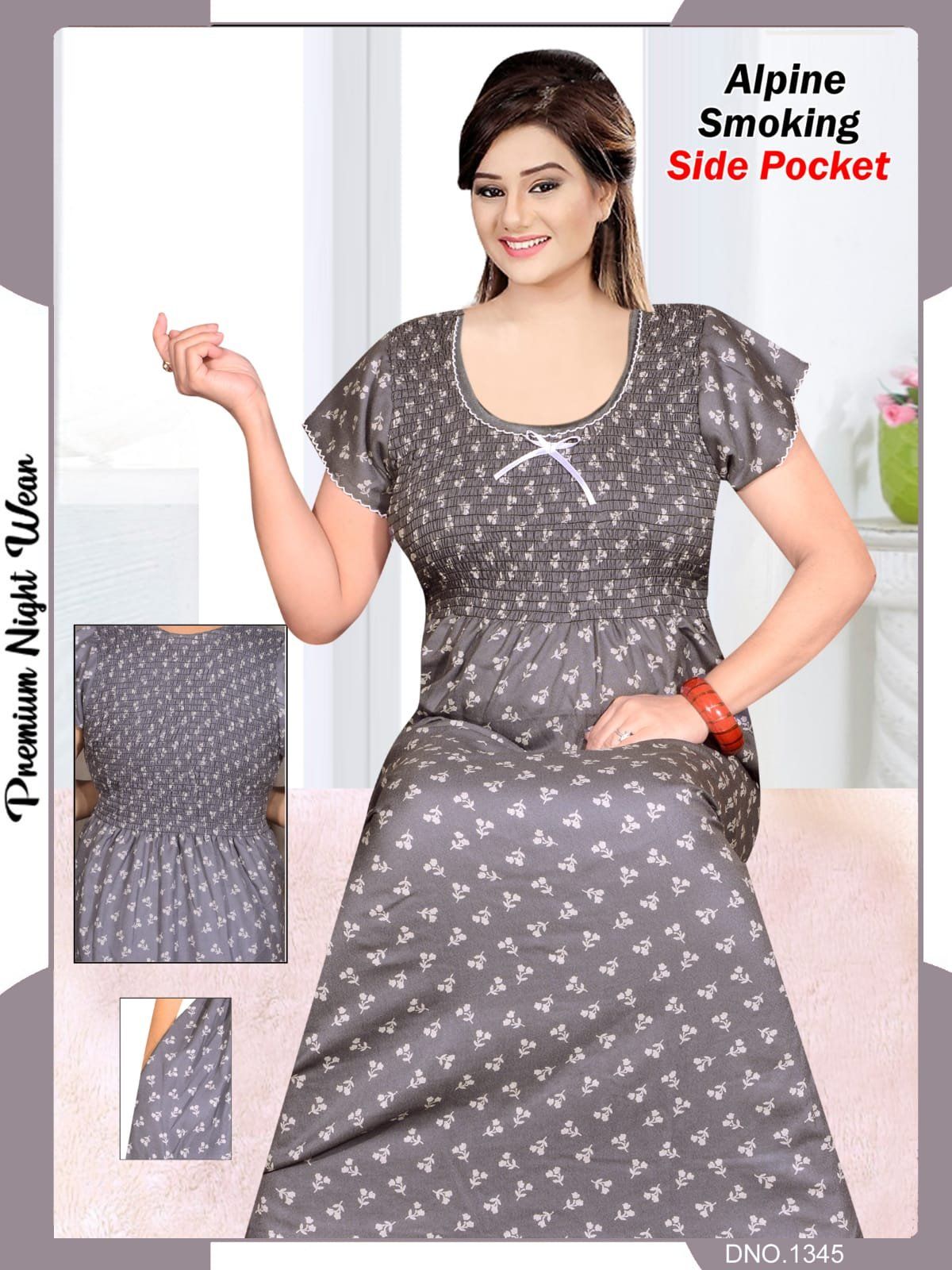 Women's Alpine Premium Nighties Fancy Smoky Pattern with side pocket