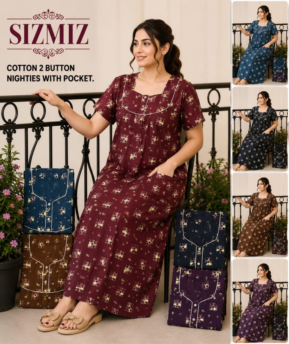 Women Pure Cotton Night Gown With Two Button 2*11