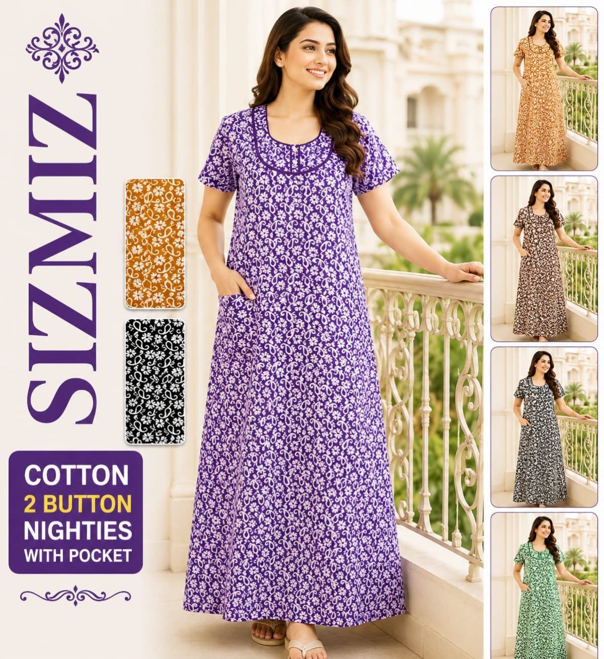 Women Poly Cotton Night Gown with Two Button