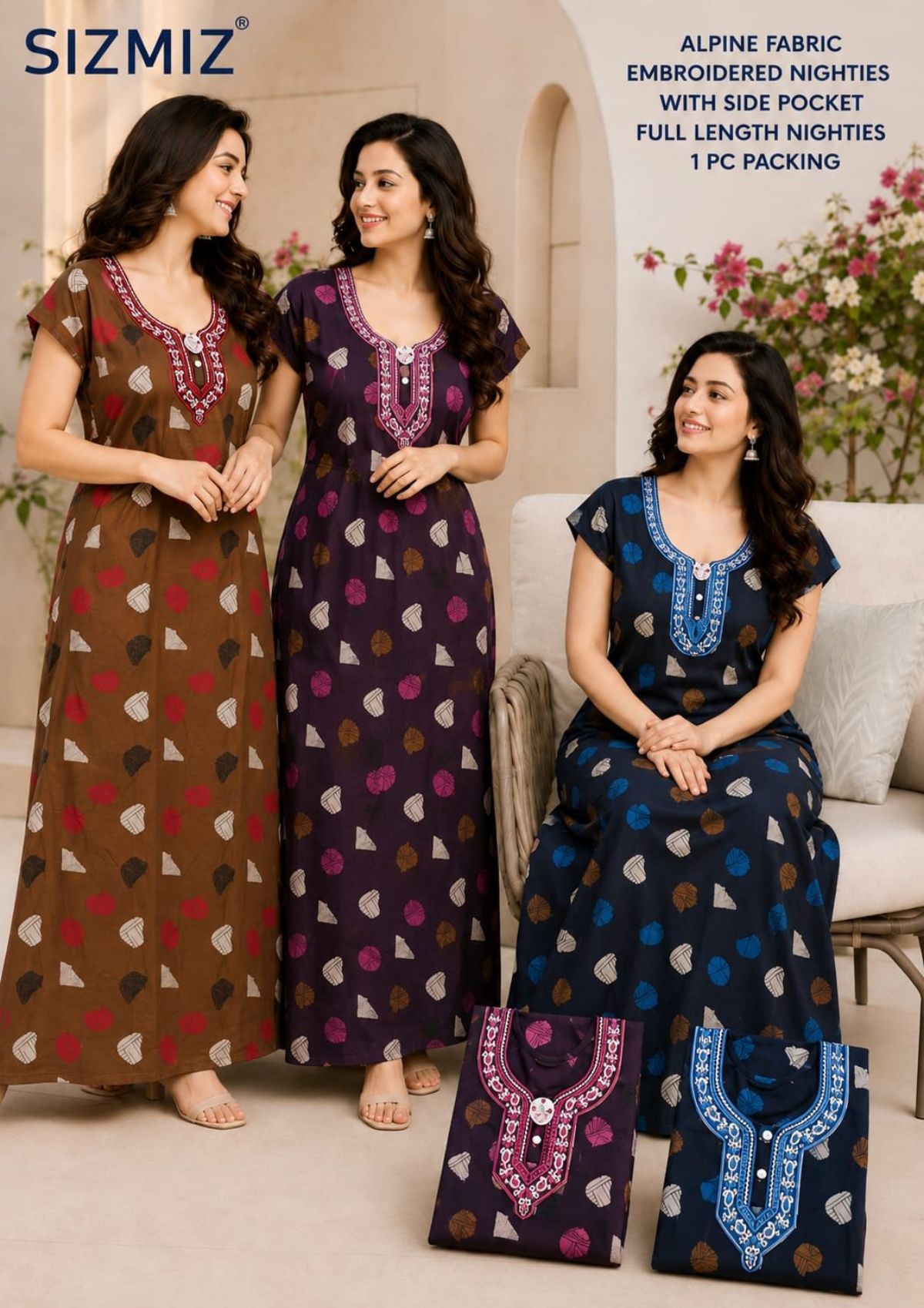 Women Alpine Nighties Superior Fabric with two button embroidered and side pocket
