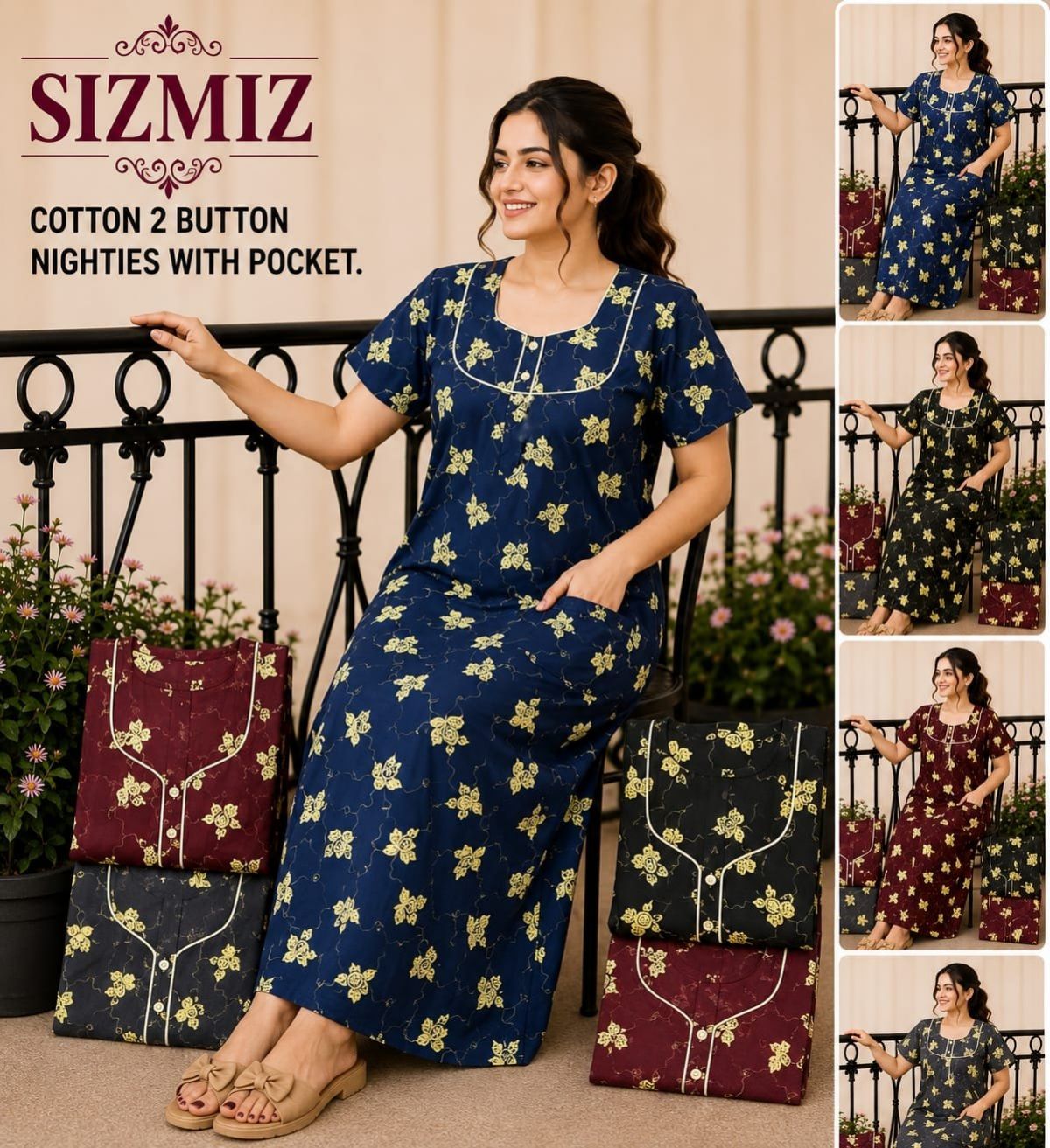 Women Pure Cotton Night Gown With Two Button  Aaradhana