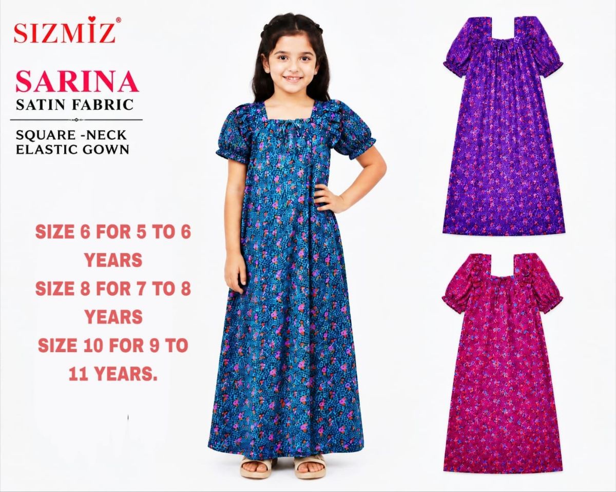 Sarina Satin Fabric Square Neck Night Gown For Kids-(8)
