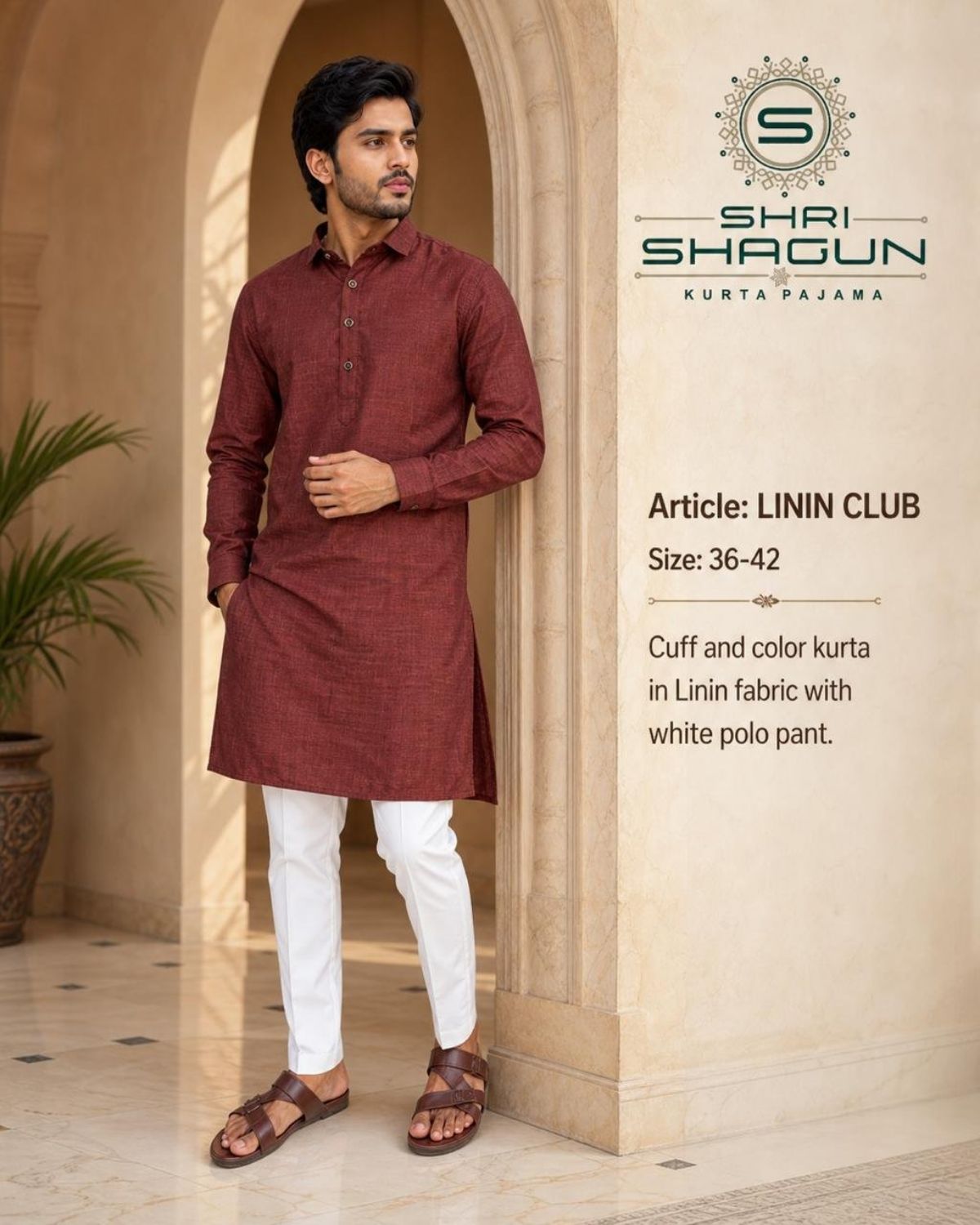 Linen Cotton Kurta Cuff Collar With Polo Pant-Linin Club