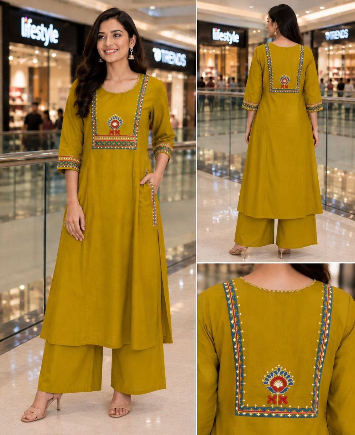 RC Women Lotus Print Back Work Mustard Two Piece Set