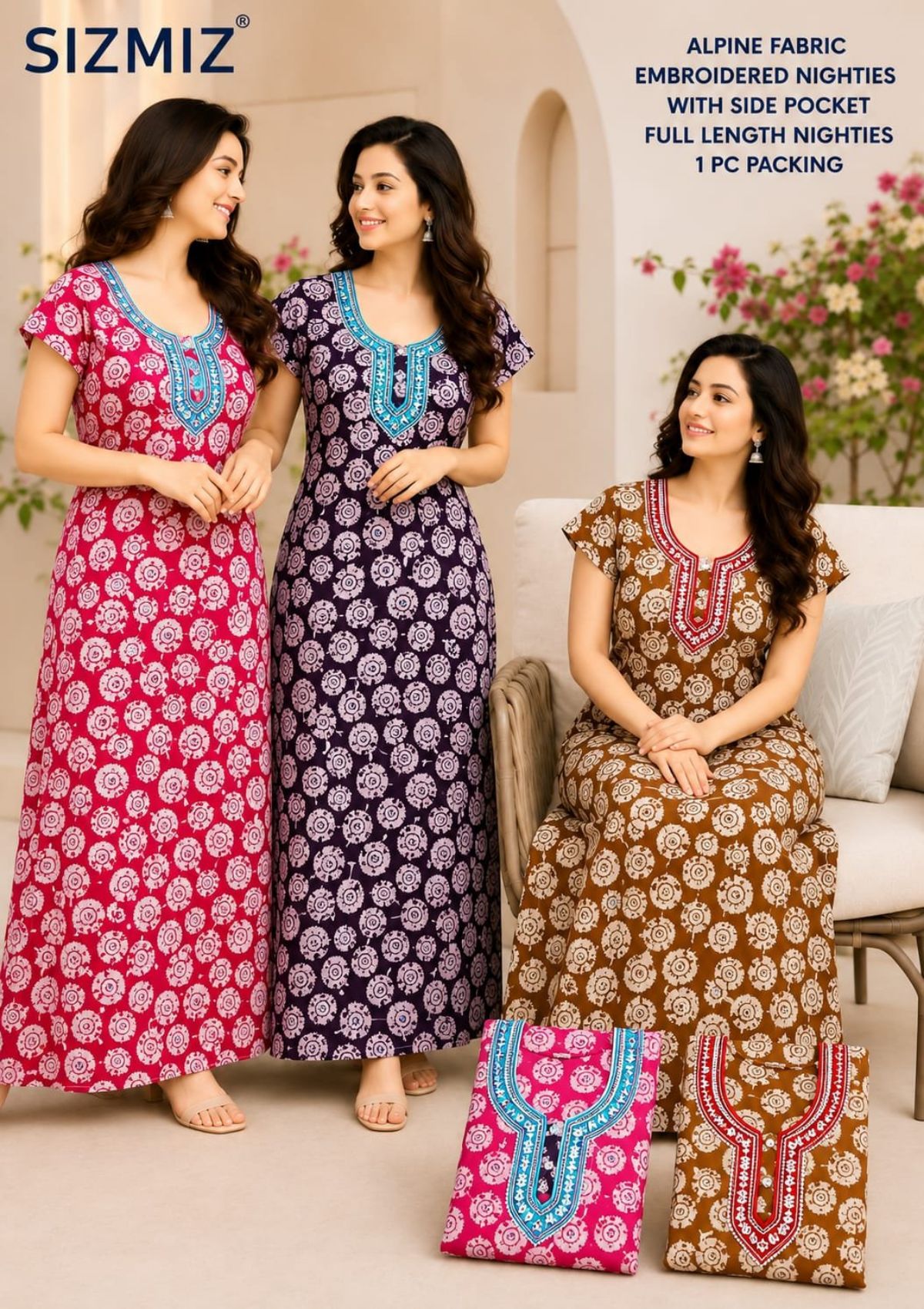 Women Alpine Nighties Superior Fabric with two button embroidered and side pocket Hand Piping