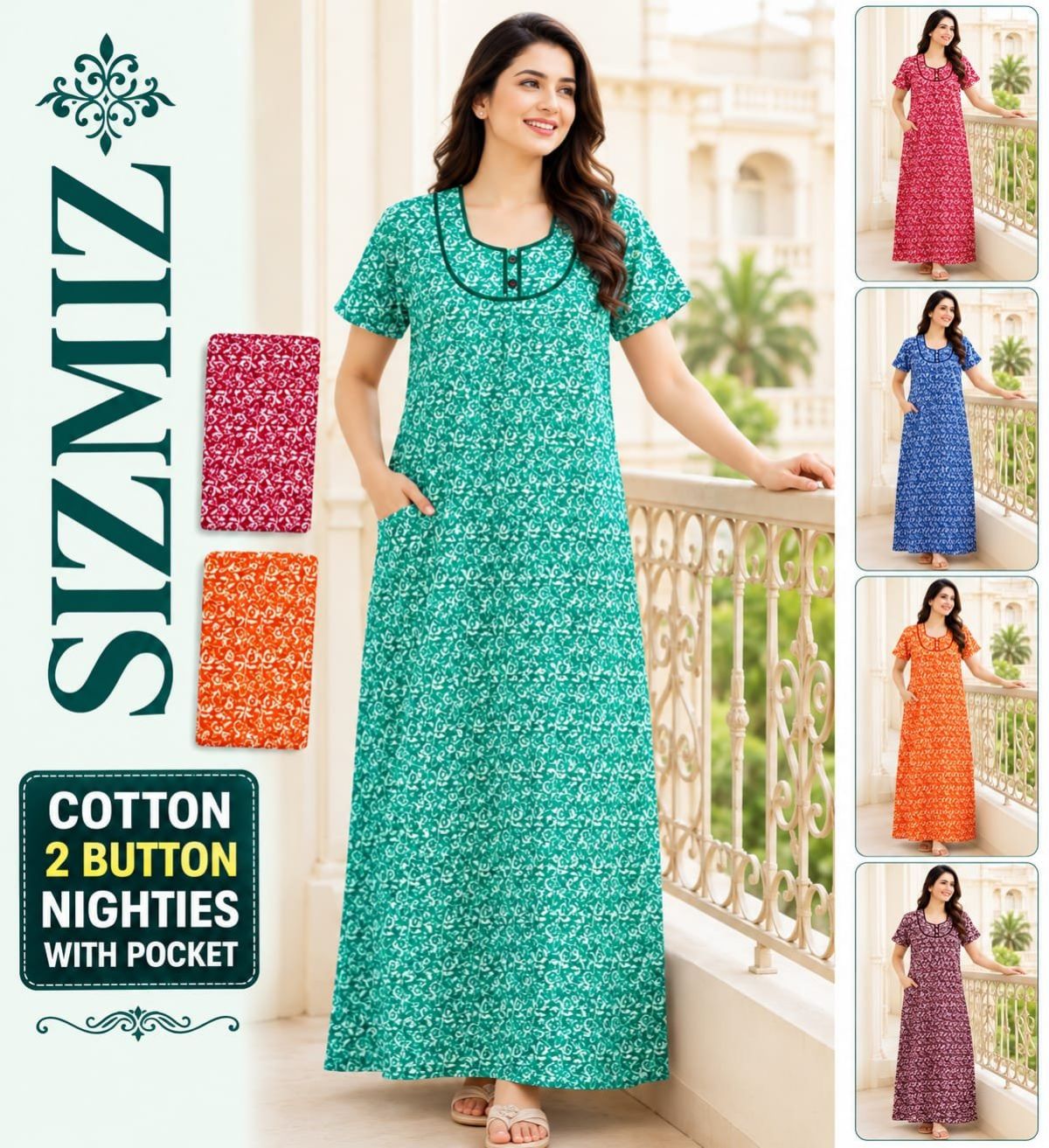 Women Poly Cotton Night Gown with Two Button