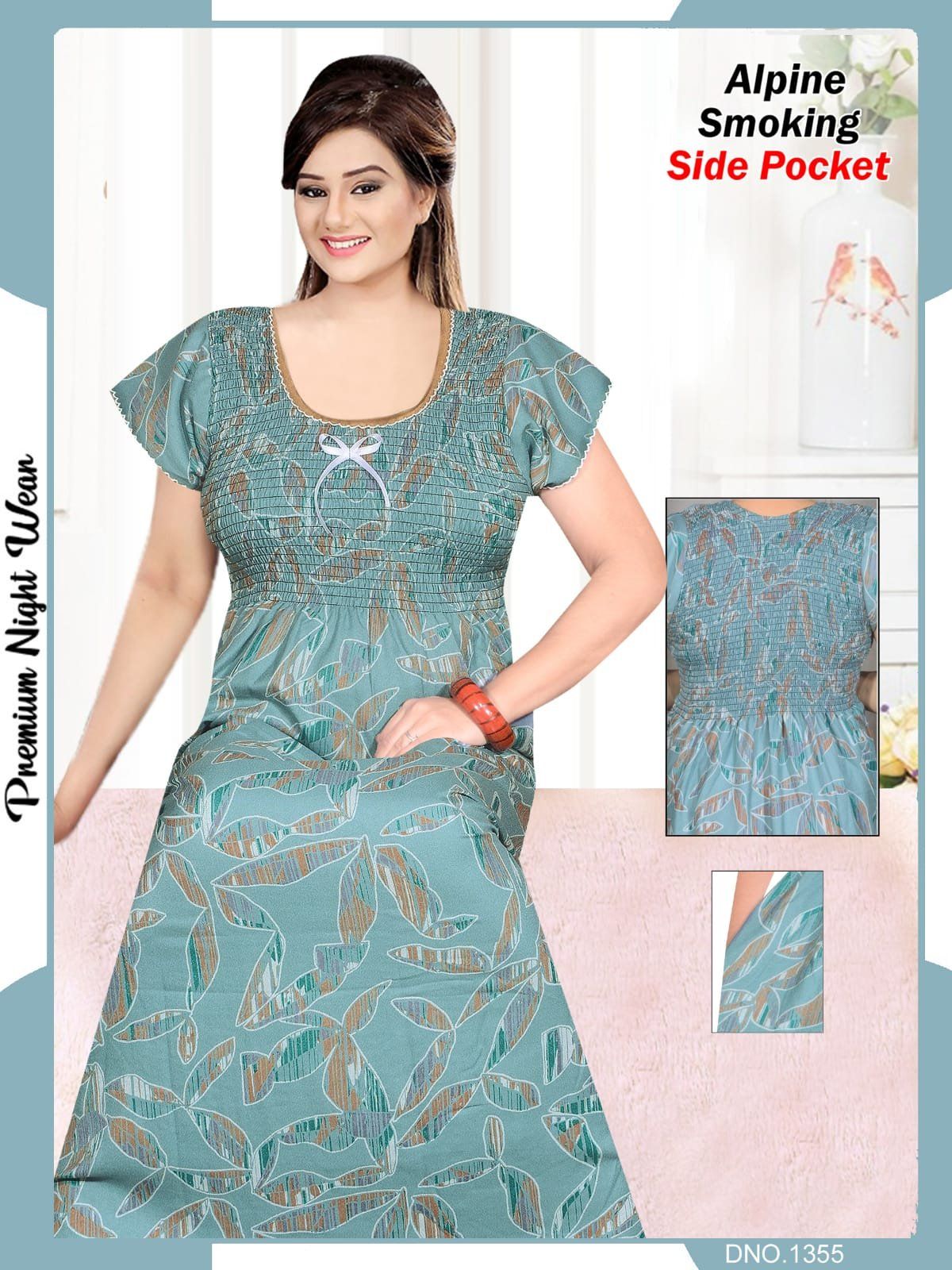 Women's Alpine Premium Nighties Fancy Smoky Pattern with side pocket