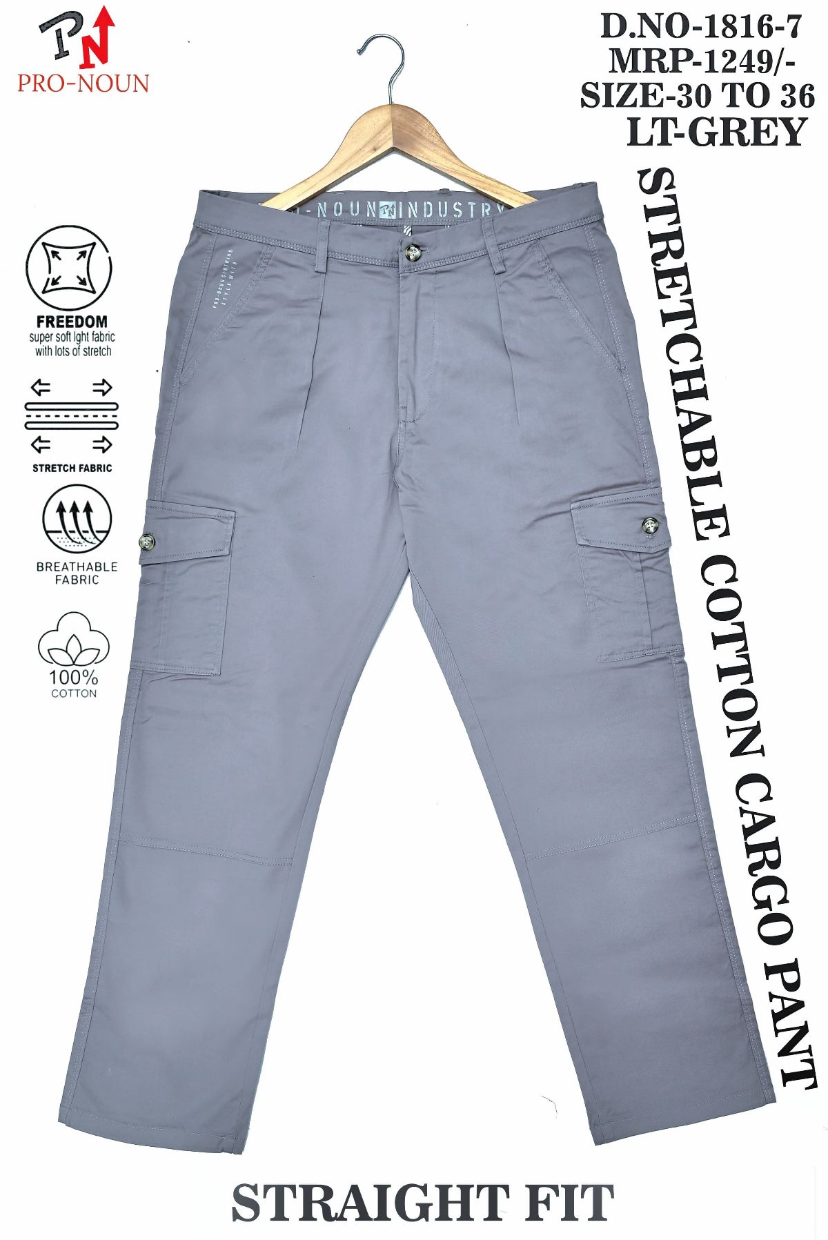Pro-Noun Men's Straight Fit Cargo Pants D No- 1816 -Lt Grey