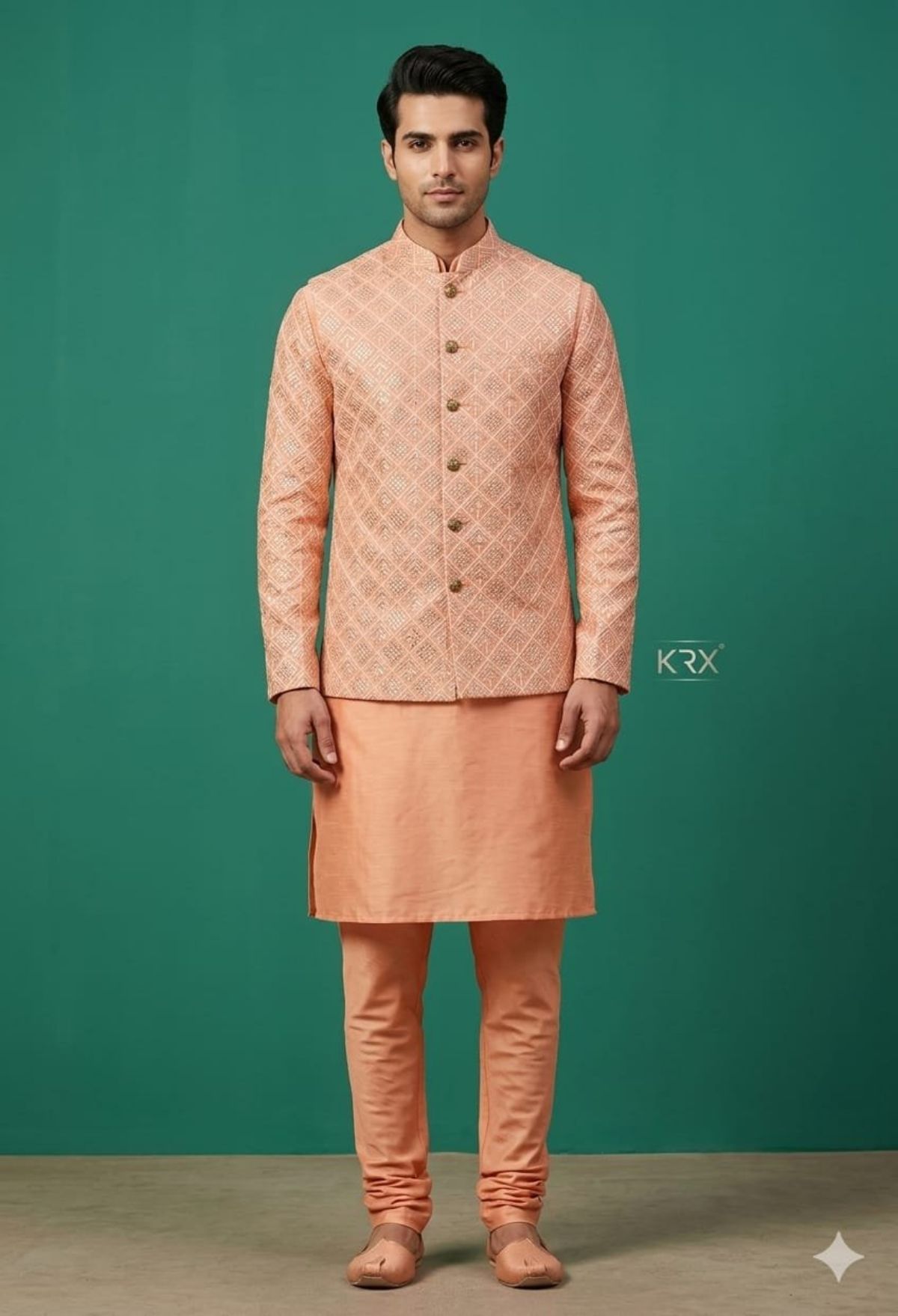 KRX Men's Heavy Kurta Pajama With Nawabi Jacket 3 Piece Set