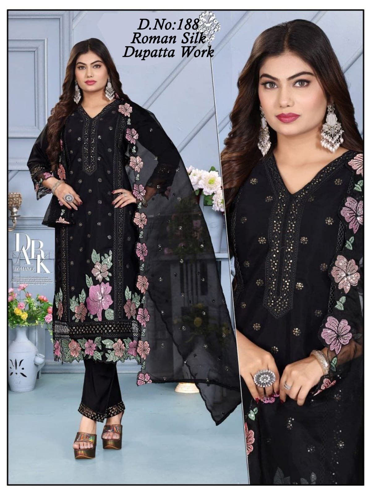 Women's Roman Silk Kurta Pant Set With Dupatta- 188