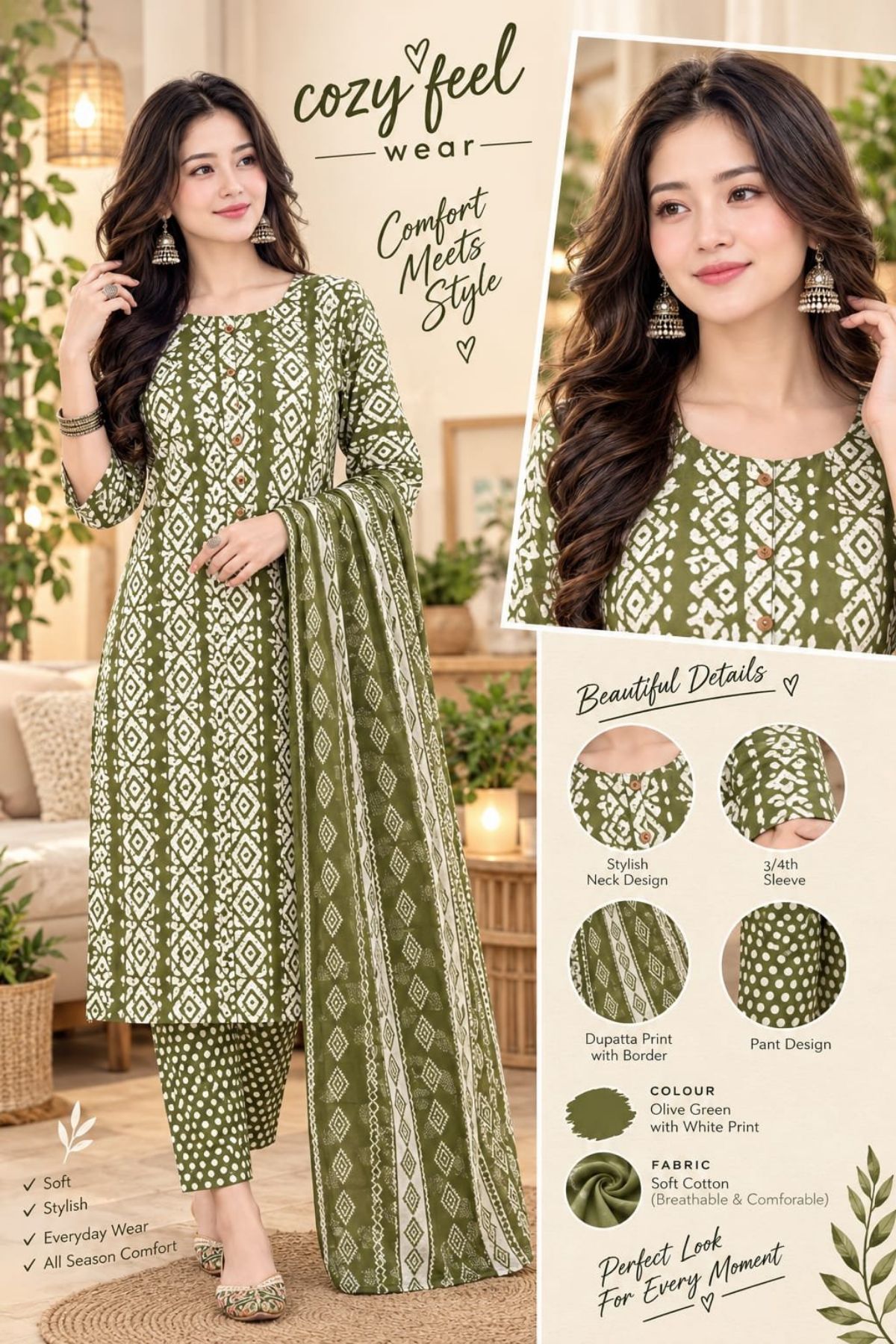 Women's Cotton 3 Pcs Set