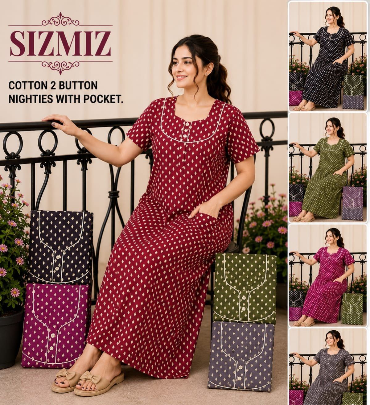 Women Pure Cotton Night Gown With Two Button 2*11