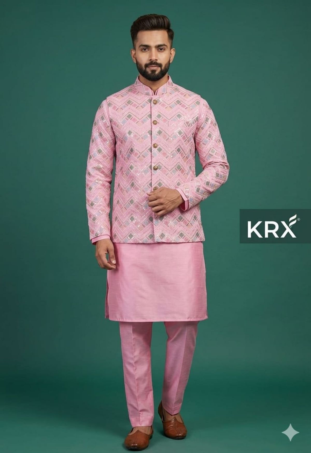 KRX Men's Heavy Kurta Pajama With Nawabi Jacket 3 Piece Set