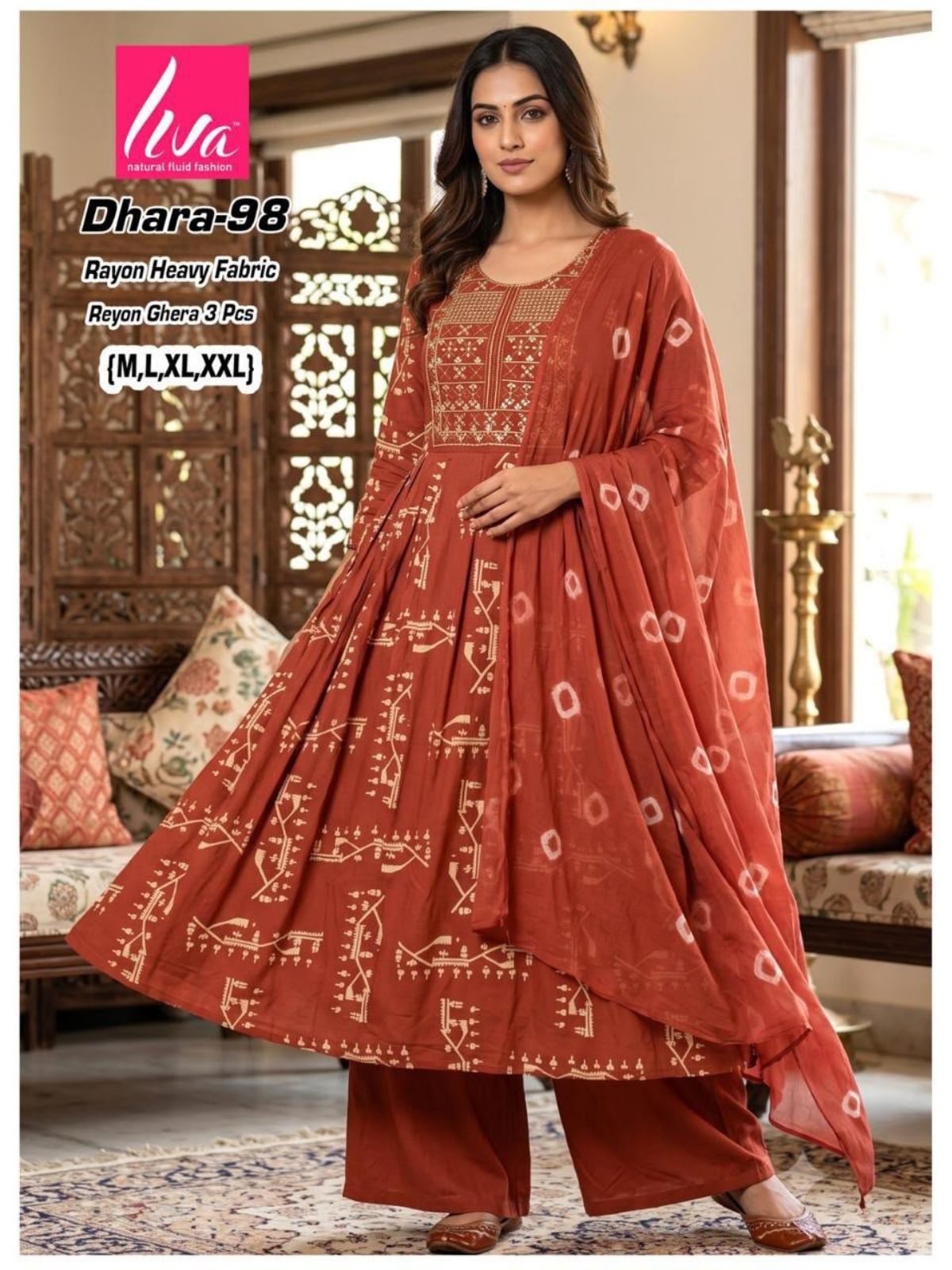 Women's Ethnic Wear Printed Rayon Ghera Kurti Palazo Set With Dupatta- Dhara-98