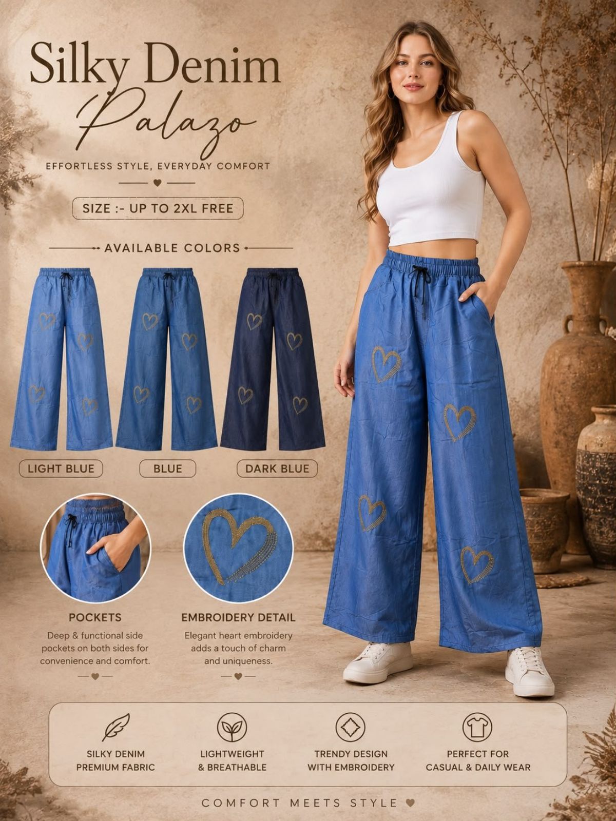 Women's Denim Embroidery Palazzo -0473
