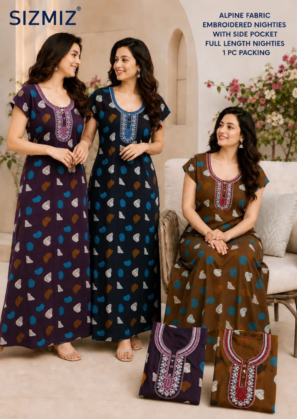 Women Alpine Nighties Superior Fabric with two button embroidered and side pocket