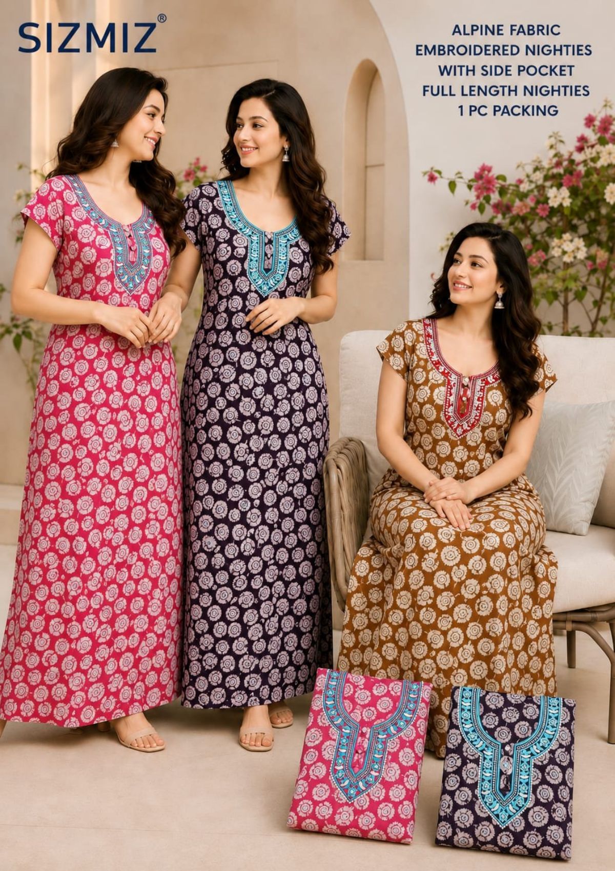 Women Alpine Nighties Superior Fabric with two button embroidered and side pocket