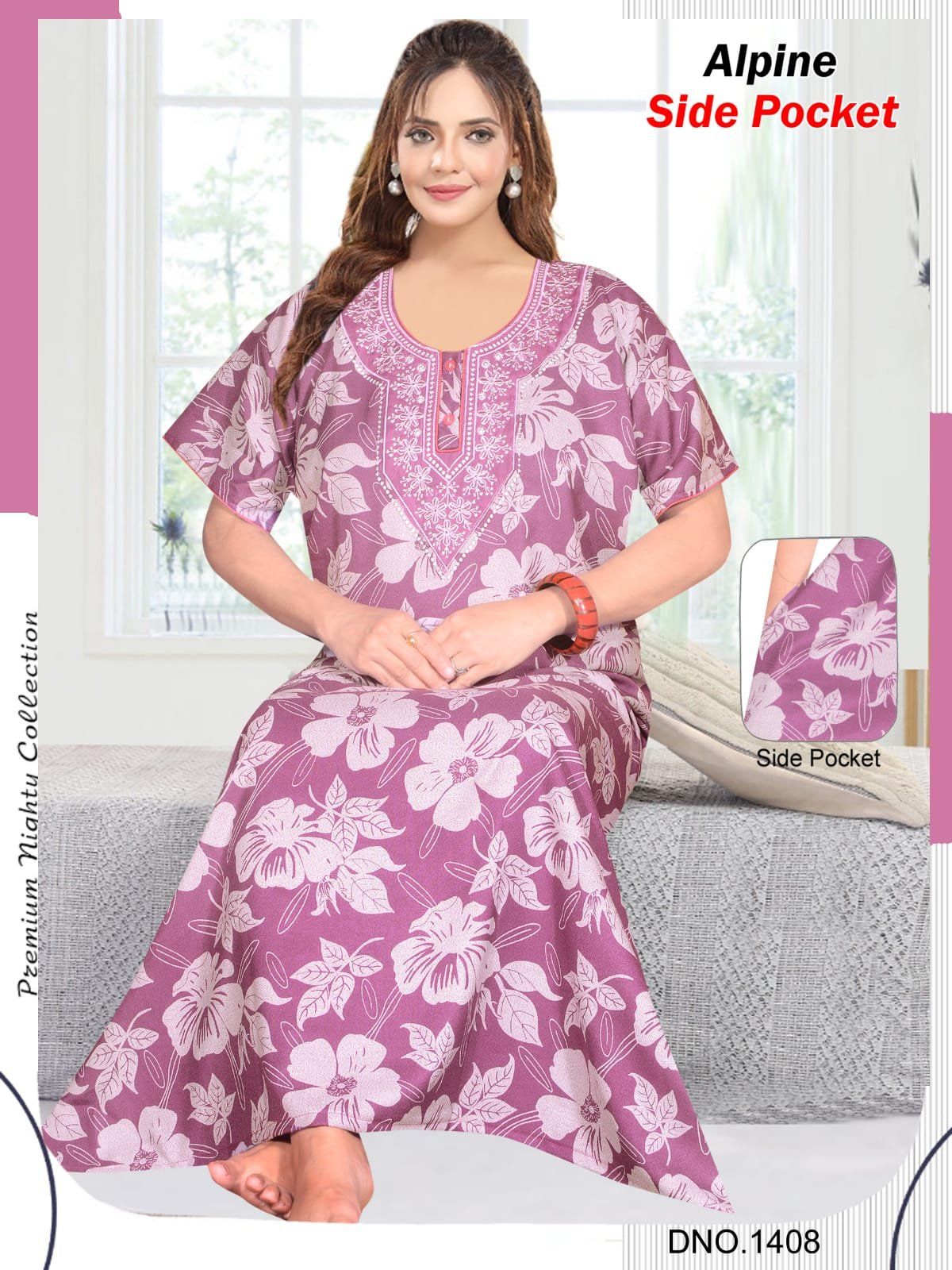 Women's Alpine Premium Nighties 2 Button with Long Fancy Embroidery
