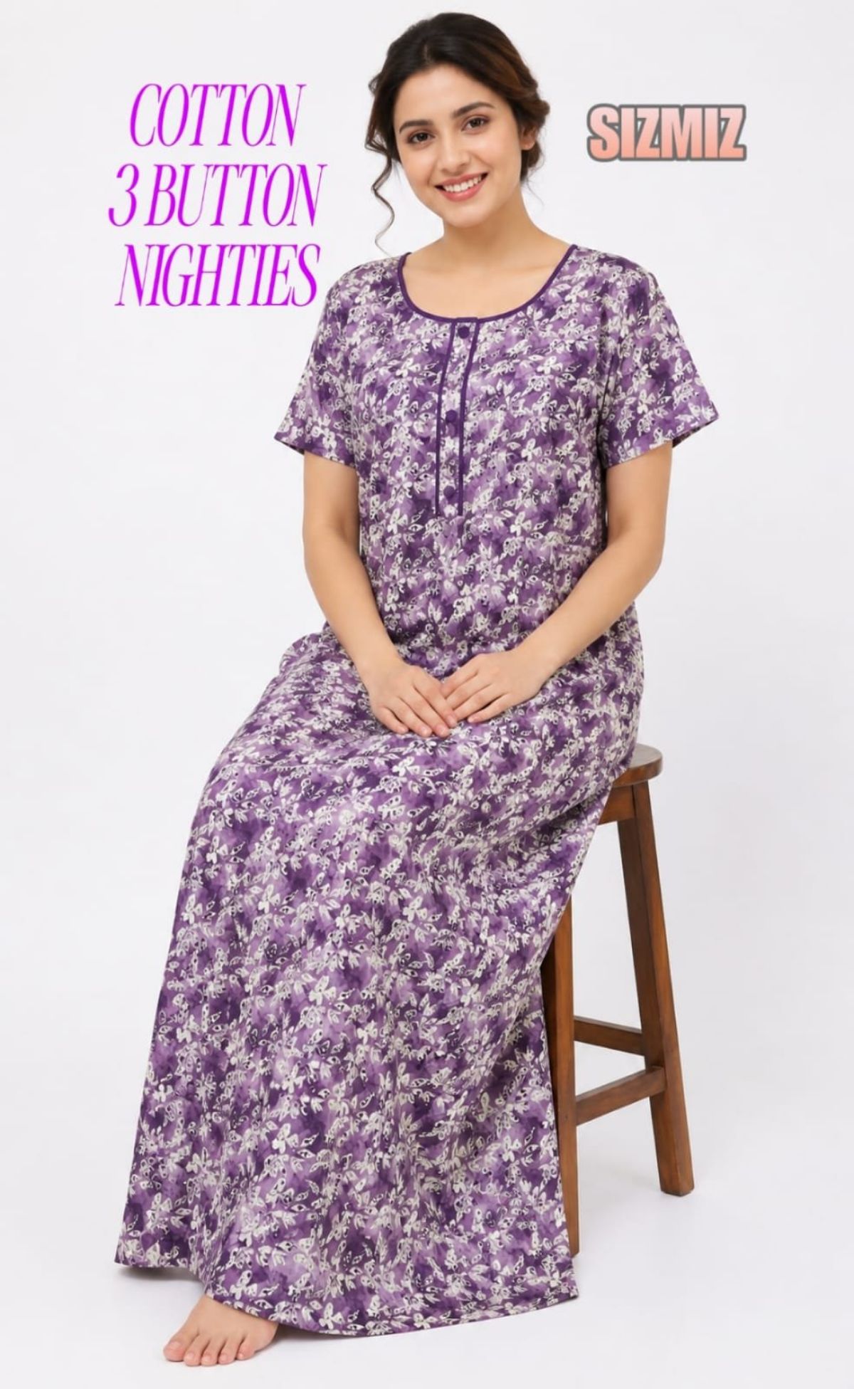 Women Poly Cotton Night Gown With Three Button