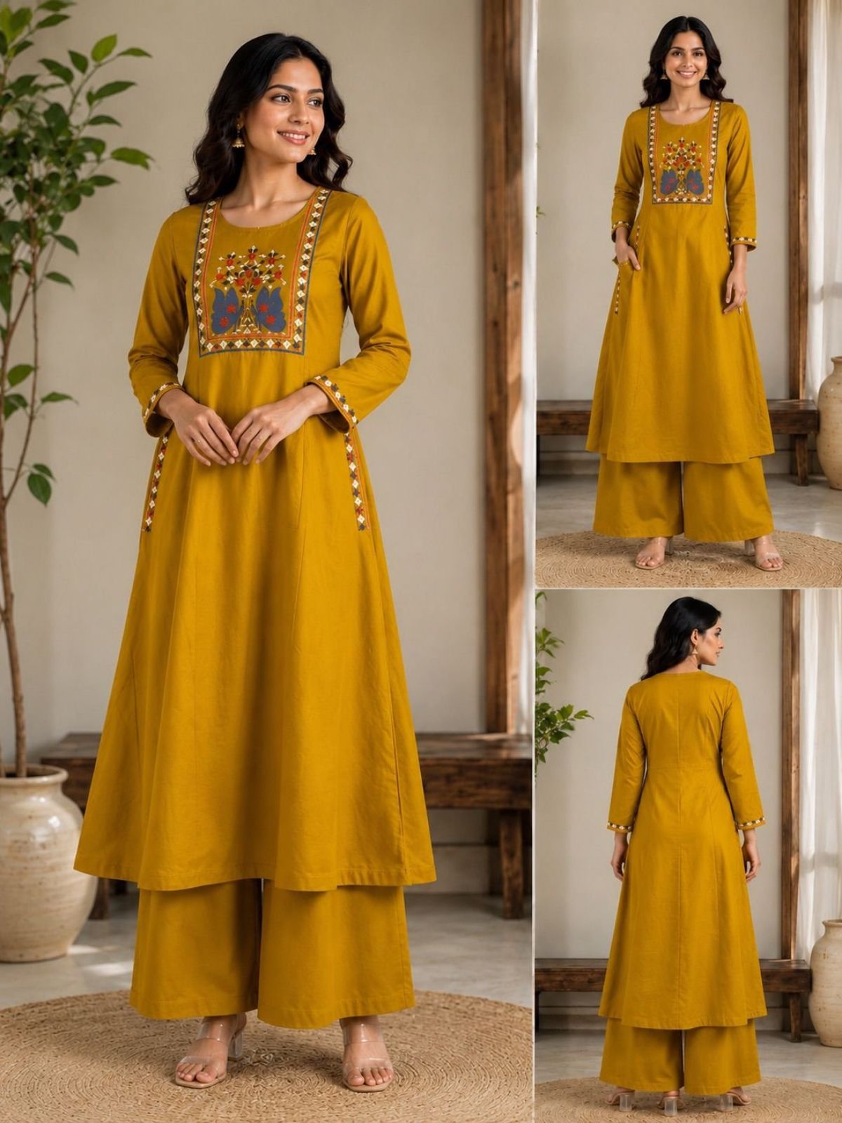 RC Women Long V-Neck Sleeves Mustard Two Piece Set with pocket