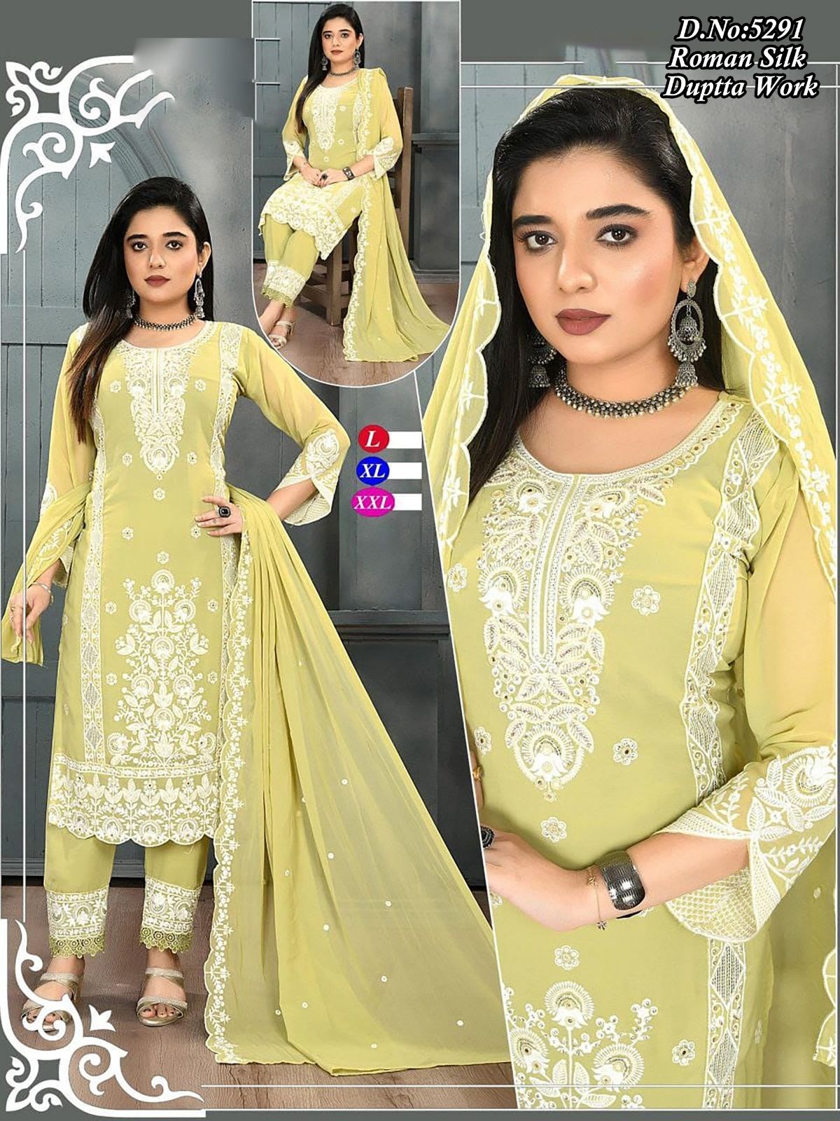 Women's Roman Silk Kurta Pant Set With Dupatta- 5291