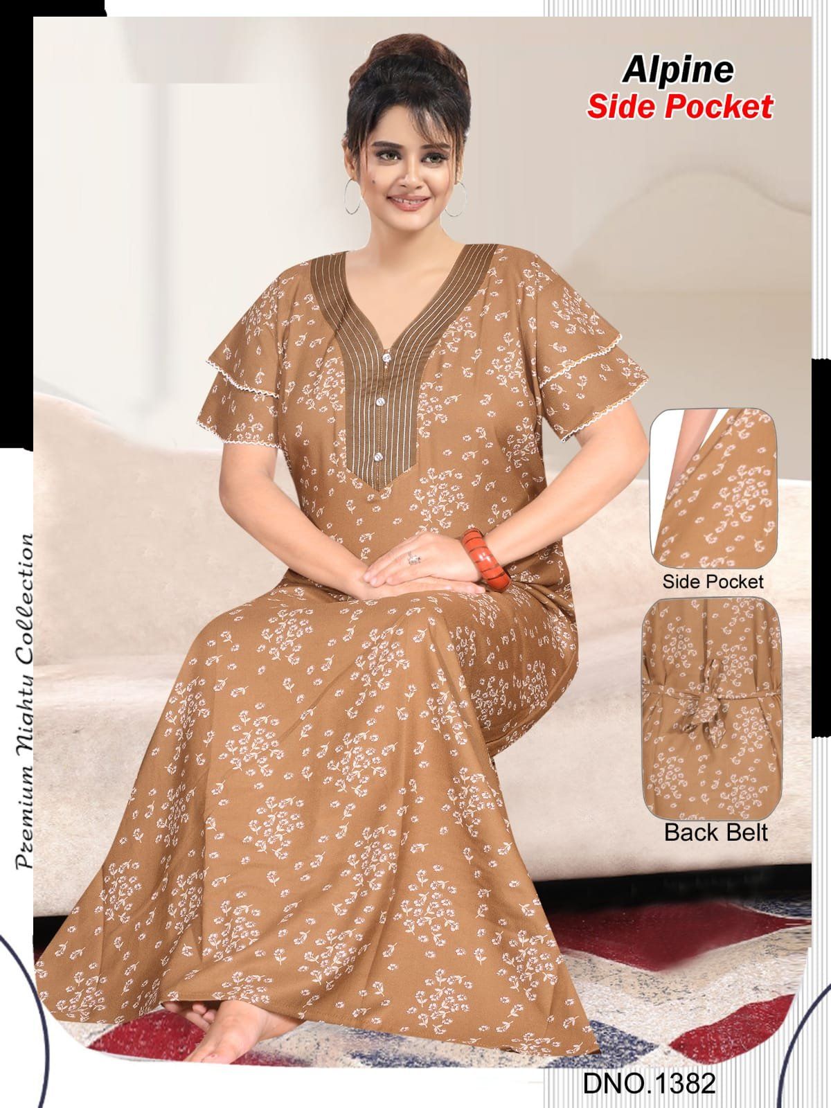 Women Alpine Premium Nighties Fancy Pattern Double Sleeve