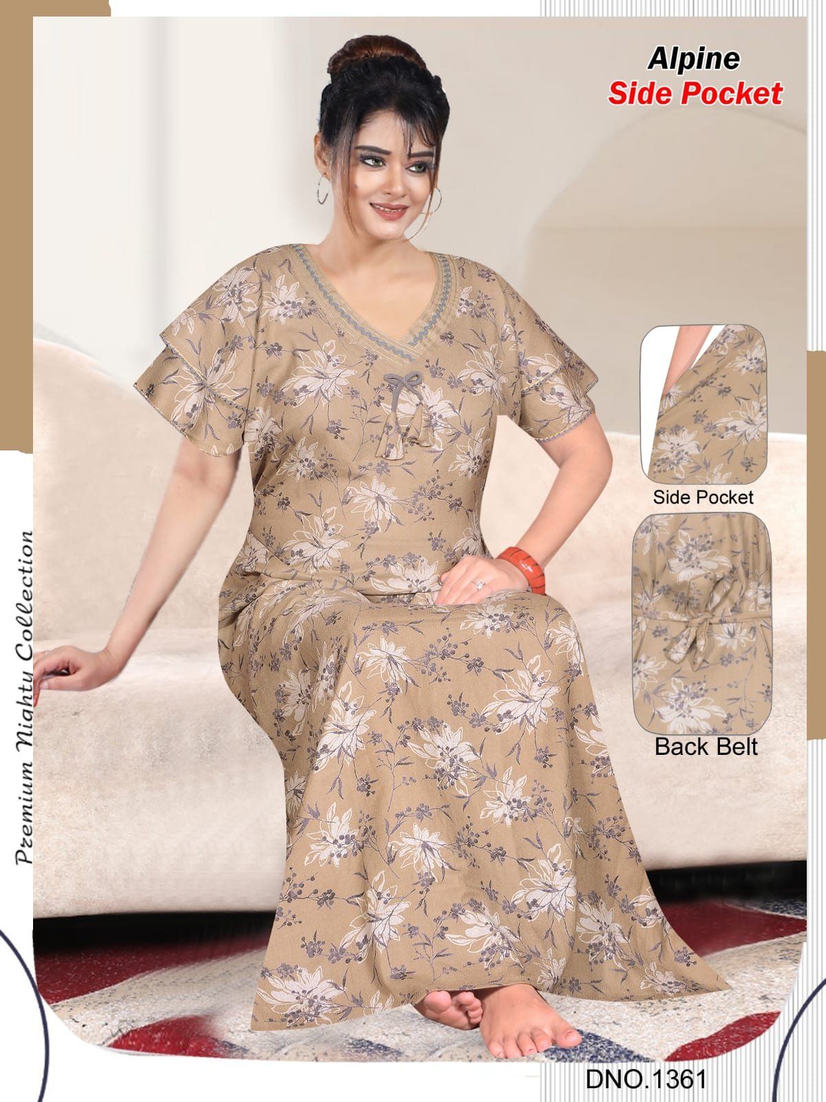 Women Alpine Premium Nighties Fancy Pattern Double Sleeve