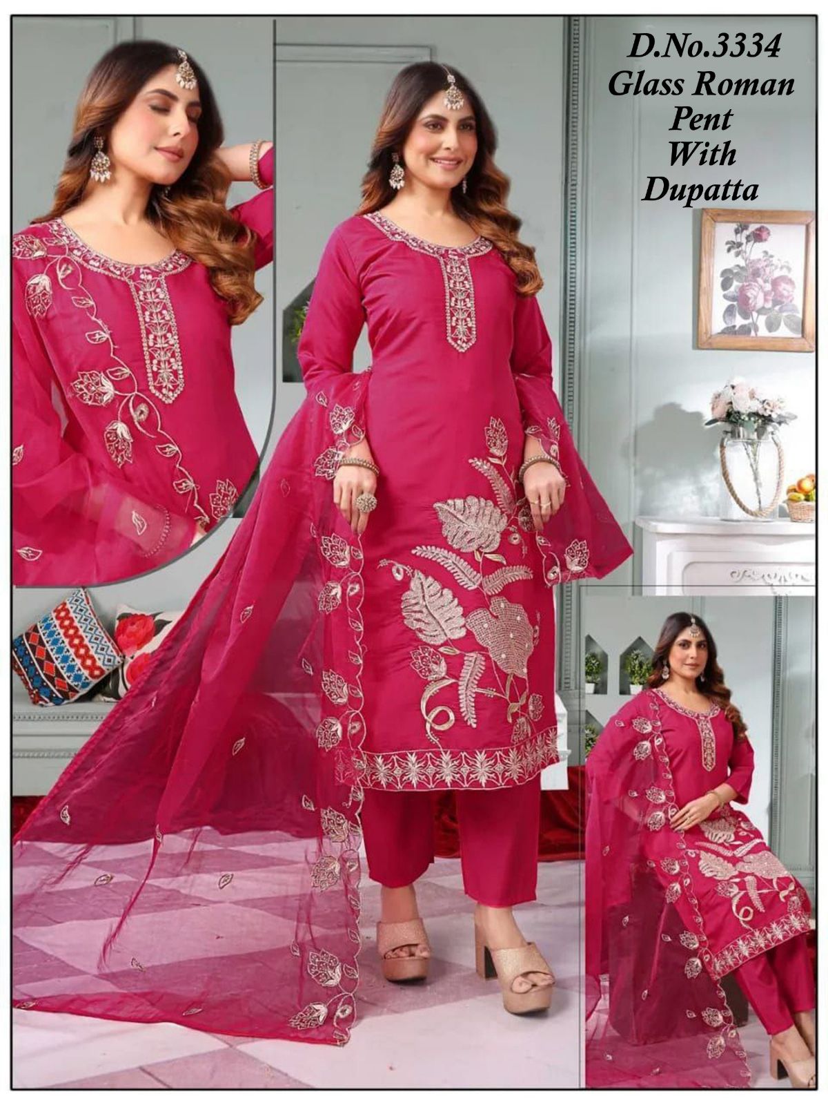 Women's Roman Silk Kurta Pant Set With Dupatta- 3334