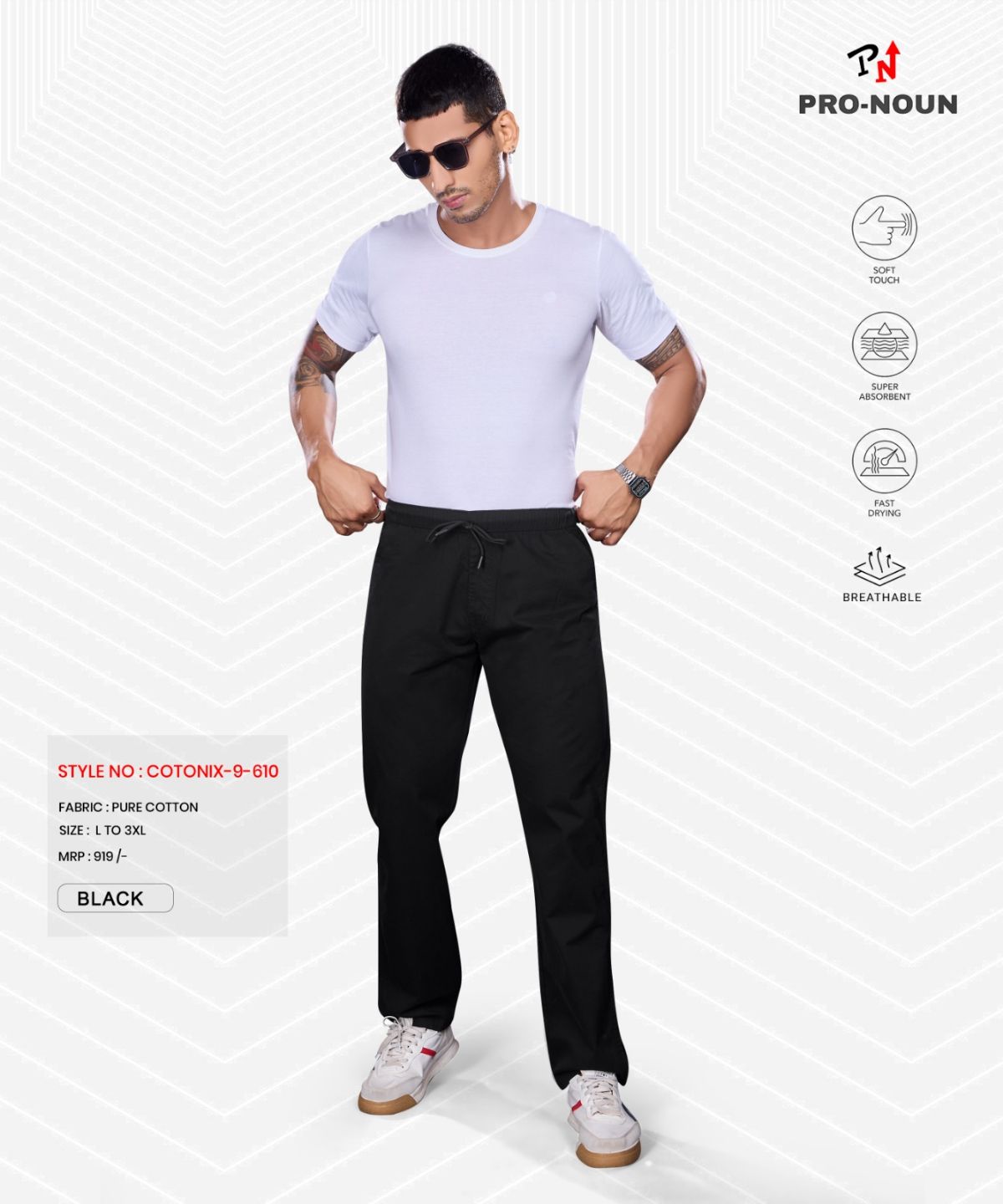 Pro-Noun Men's Lounge Wear Cotton Trackpant- D No- Cotonix-9-610-Black