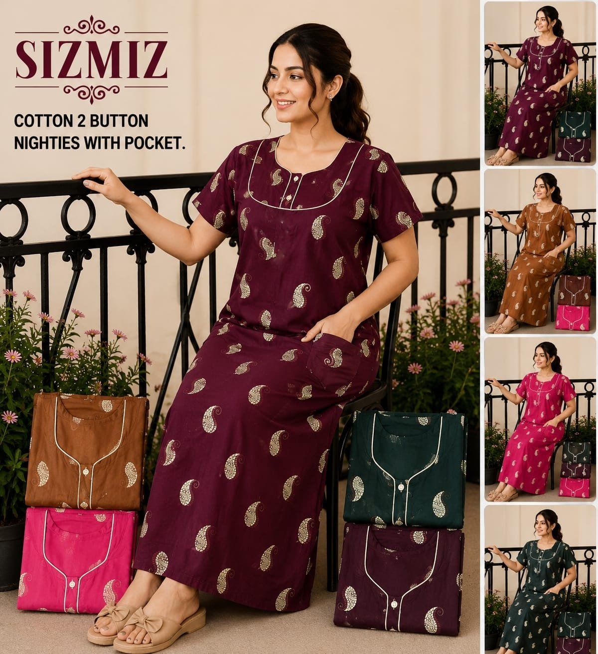 Women Pure Cotton Night Gown With Two Button Aaradhana