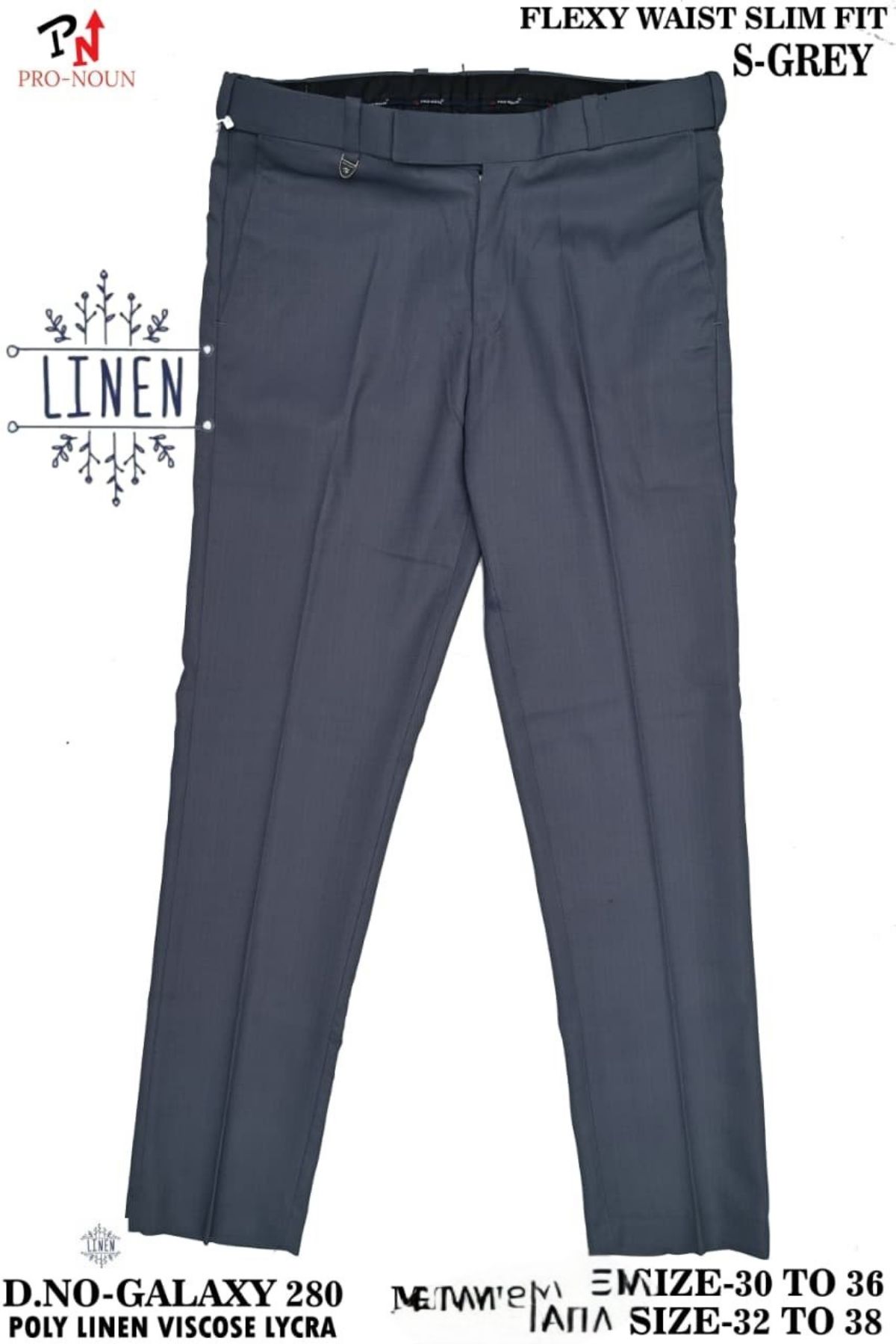 Pro-Noun Men's  Formal Trouser Pants With Adjustable belt D No- Galaxy-280-(30-36)- S Grey