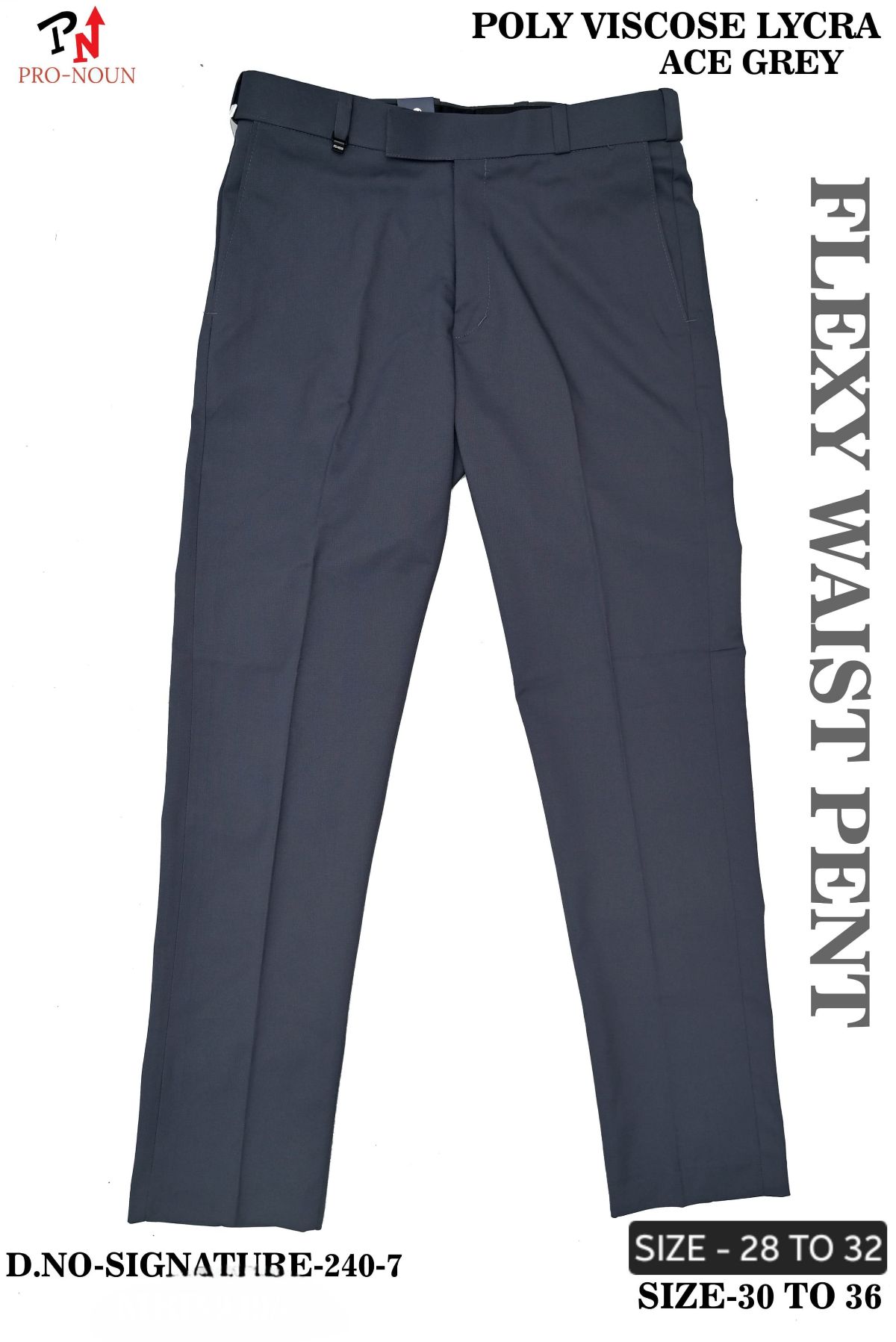 Pro-Noun Men's  Formal Trouser Pants With Adjustable belt D No- Signature 240-7(28-32)- Ace Grey