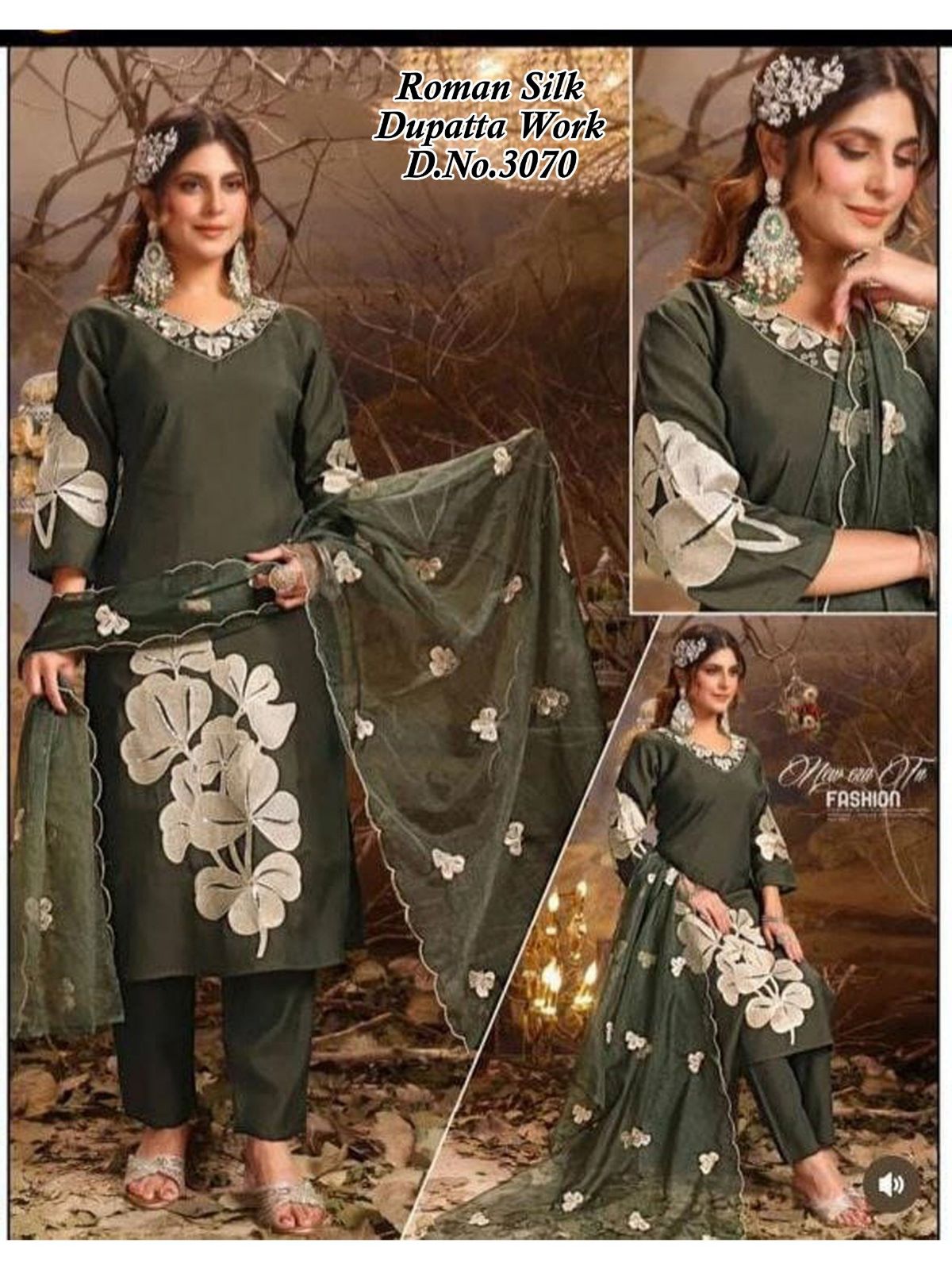 Women's Roman Silk Kurta Pant Set With Dupatta- 3070
