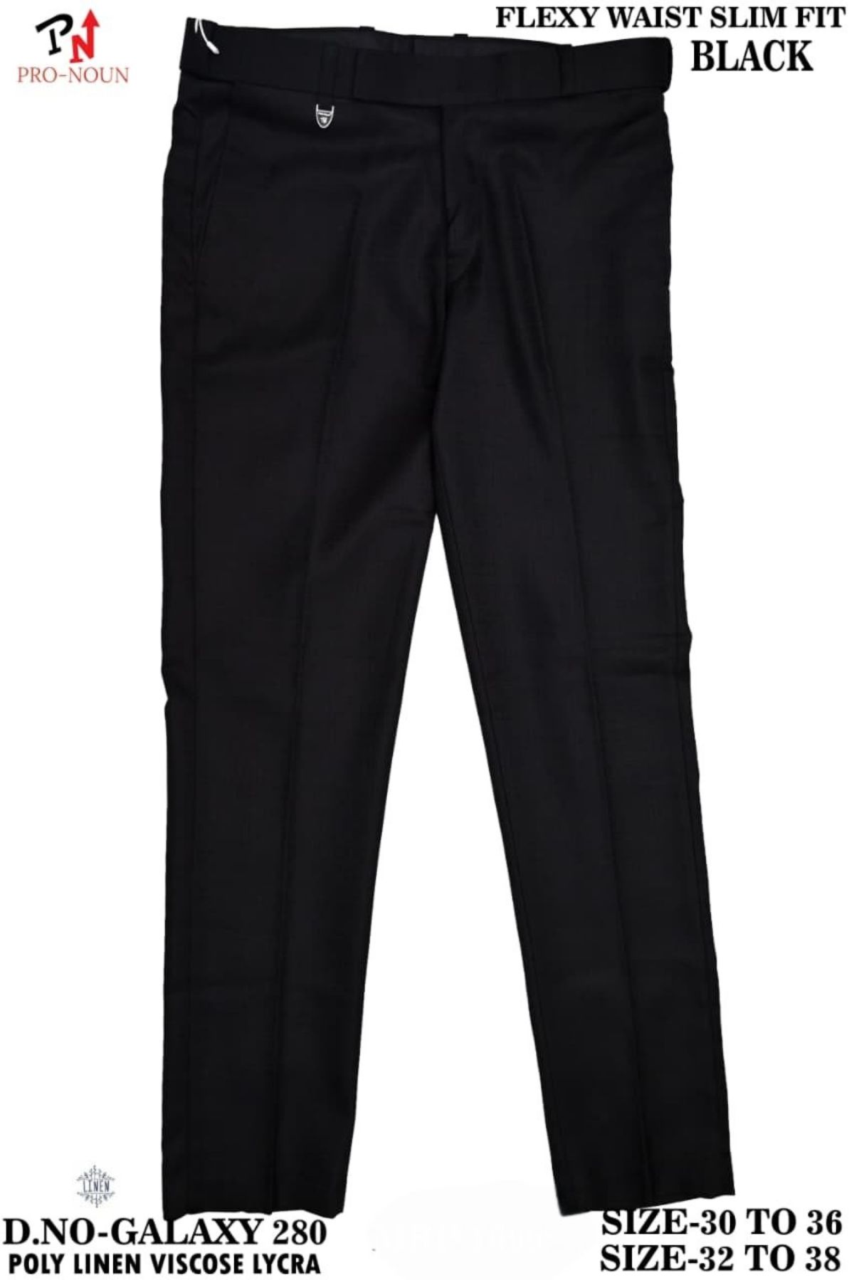 Pro-Noun Men's  Formal Trouser Pants With Adjustable belt D No- Galaxy-280-(32-38)- Black