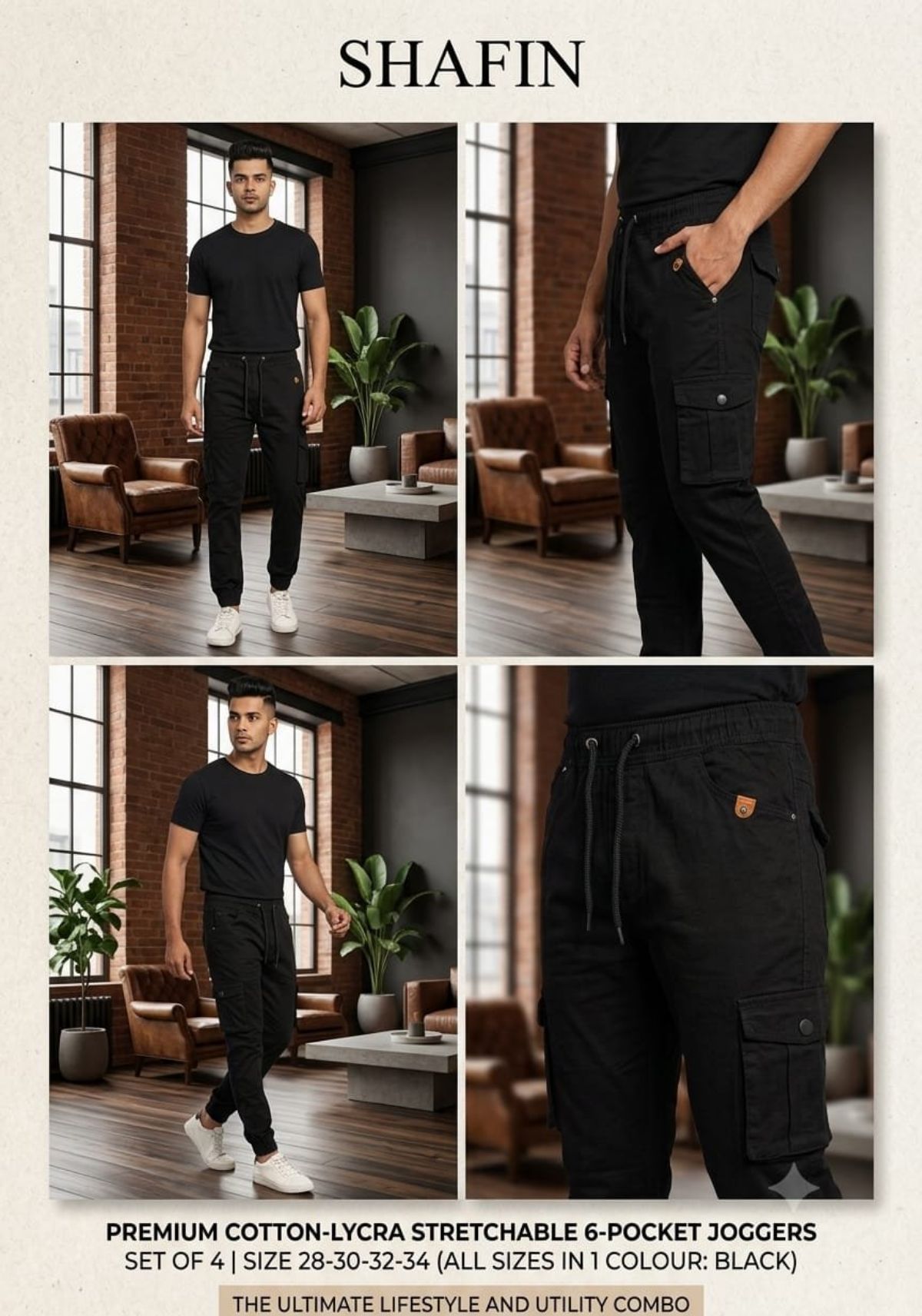 Shafin Men's Six Pockets Joggers Cargo Pants