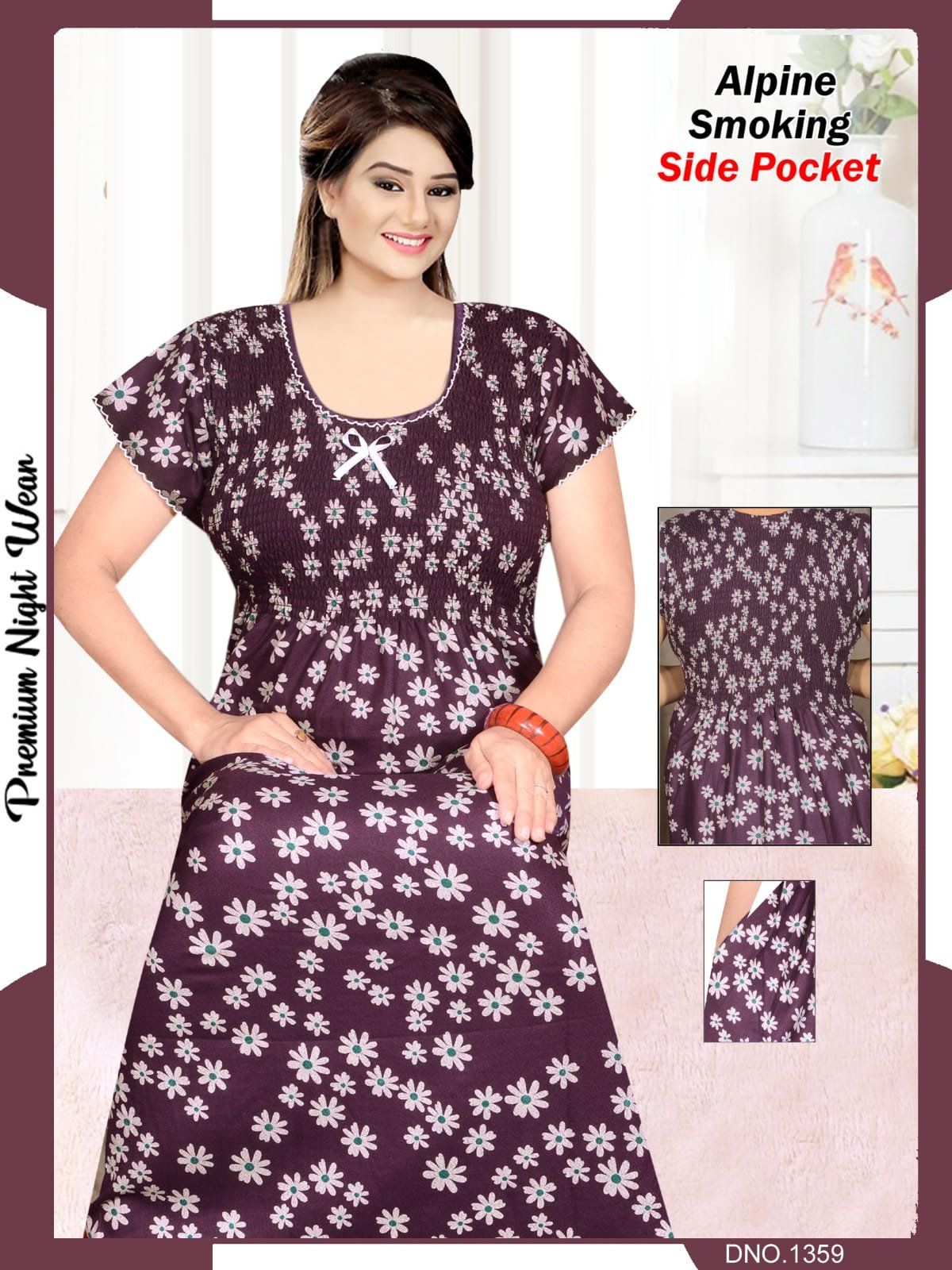 Women's Alpine Premium Nighties Fancy Smoky Pattern with side pocket