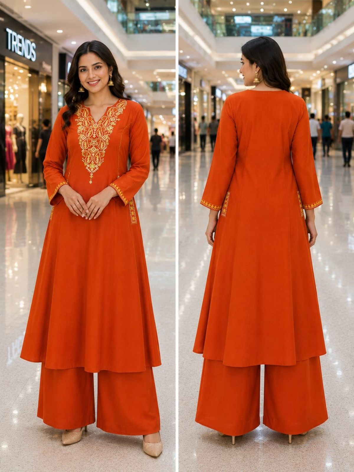 RC Women Long V-Neck Orange Rust Two Piece Set