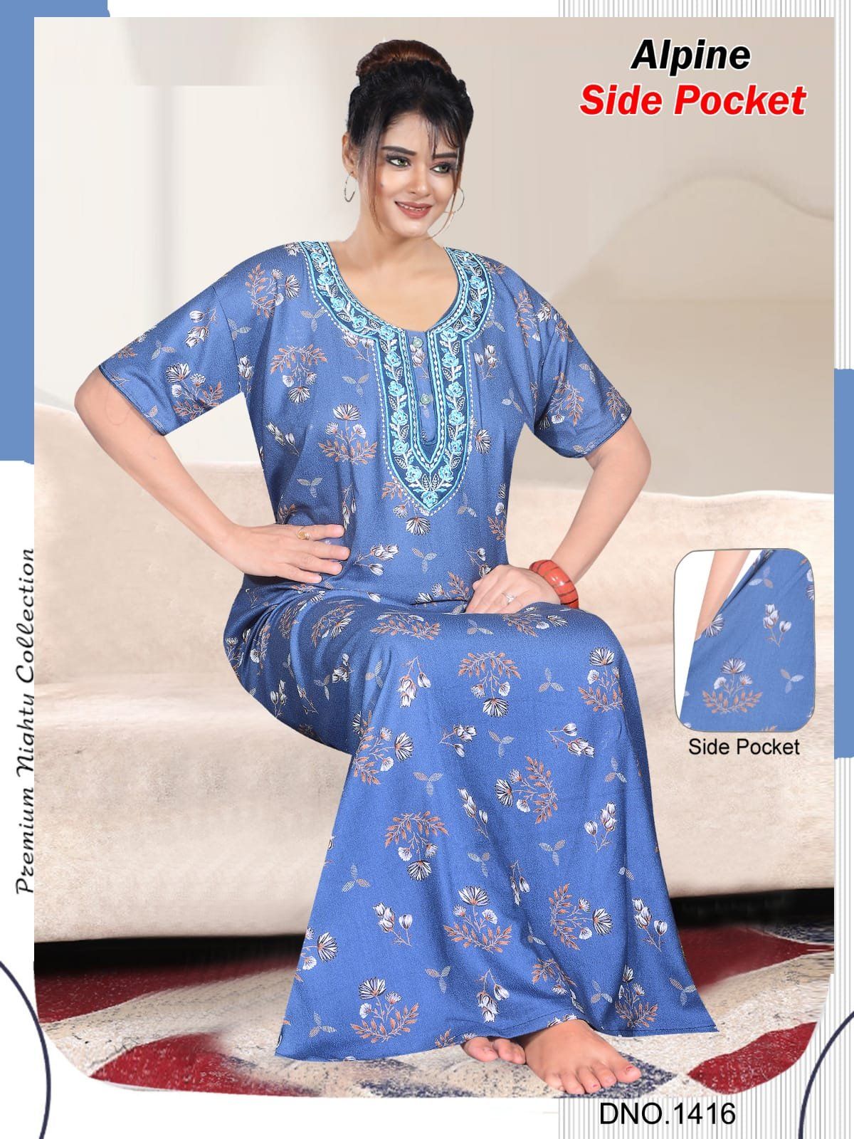 Women's Alpine Premium Nighties 2 Button with Long Fancy Embroidery