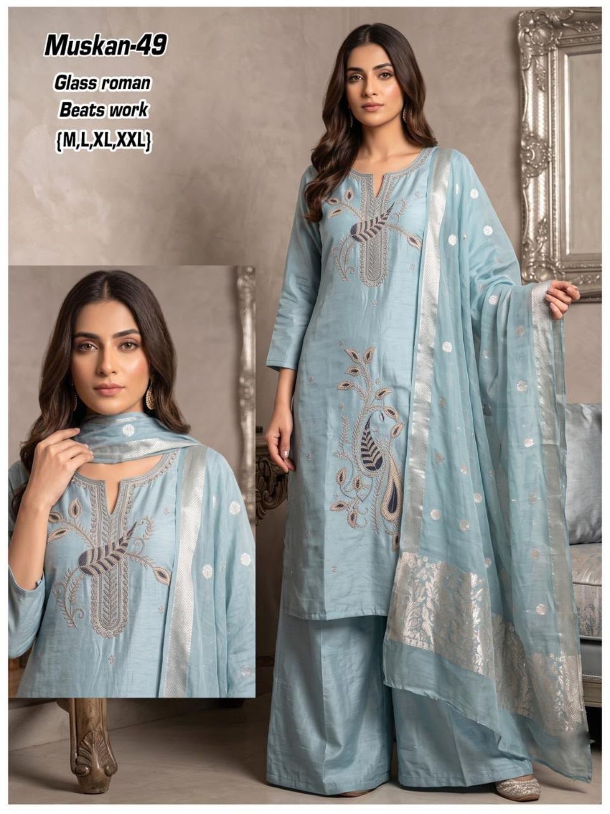 Women's Roman Glass Kurta Set with Beads Work- Muskan-49