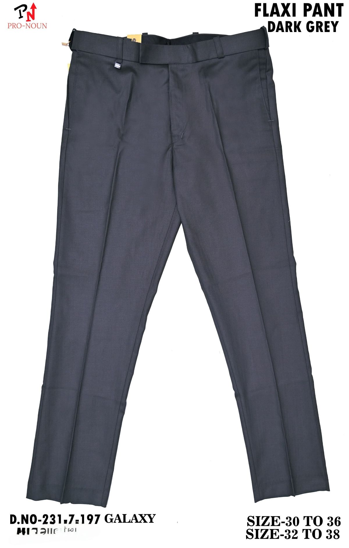 Pro-Noun Men's  Formal Trouser Pants With Adjustable belt D No- Galaxy 231-7-197 (30-36)- Dark Grey